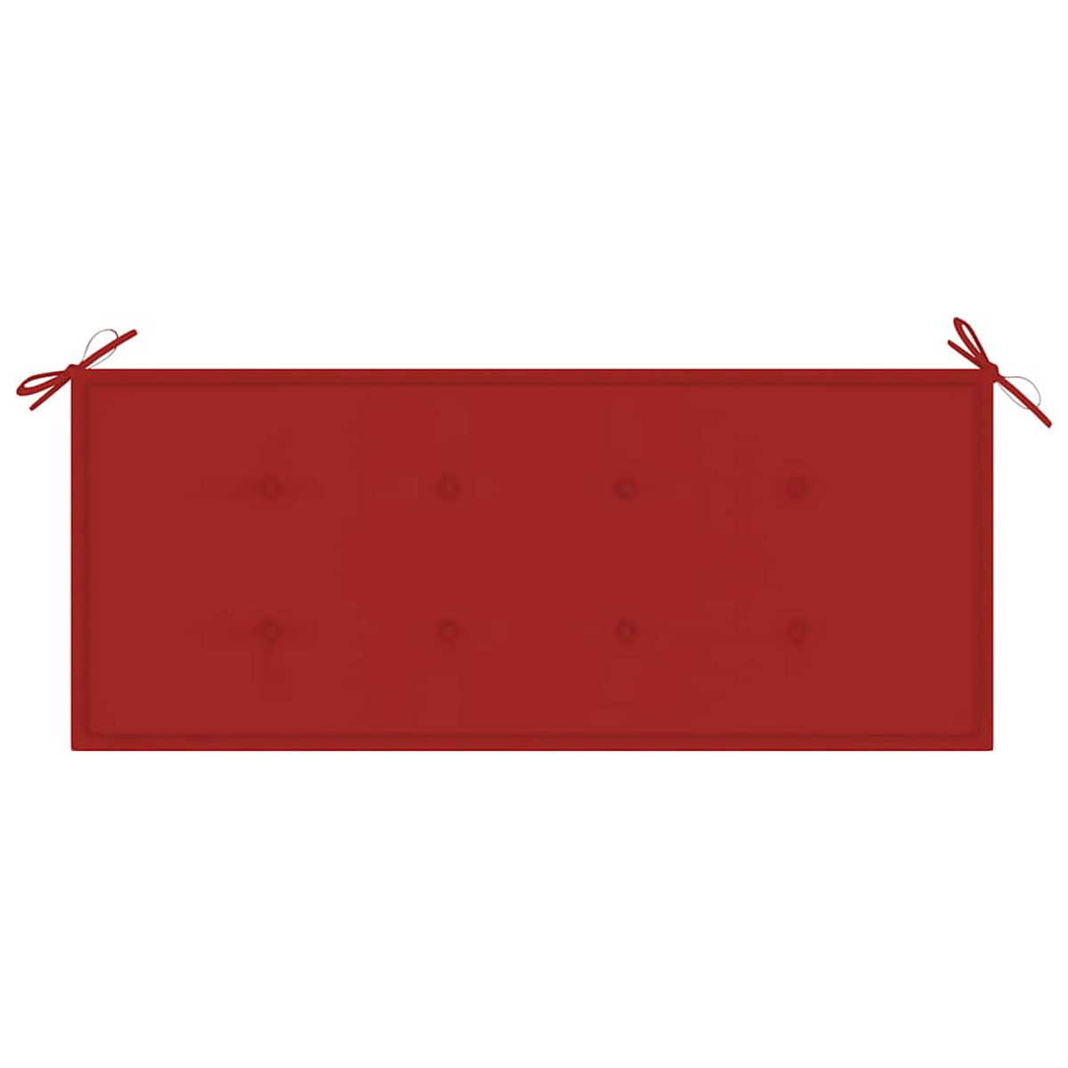 Ein rechteckiges, rotes Kissen mit acht geknöpften Vertiefungen und Bindebändern an jedem Ende, vor weißem Hintergrund.