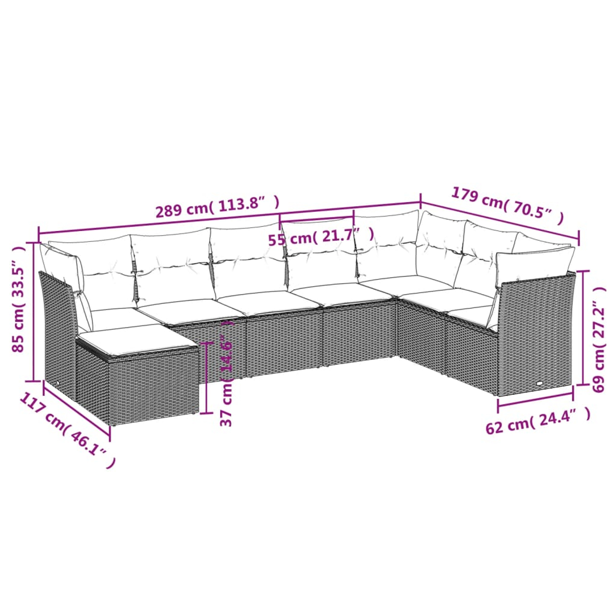 Ein Ecksofa für den Außenbereich mit angegebenen Abmessungen. Es ist gewebt und hat Kissen. Die Maße sind in cm und Zoll angegeben.