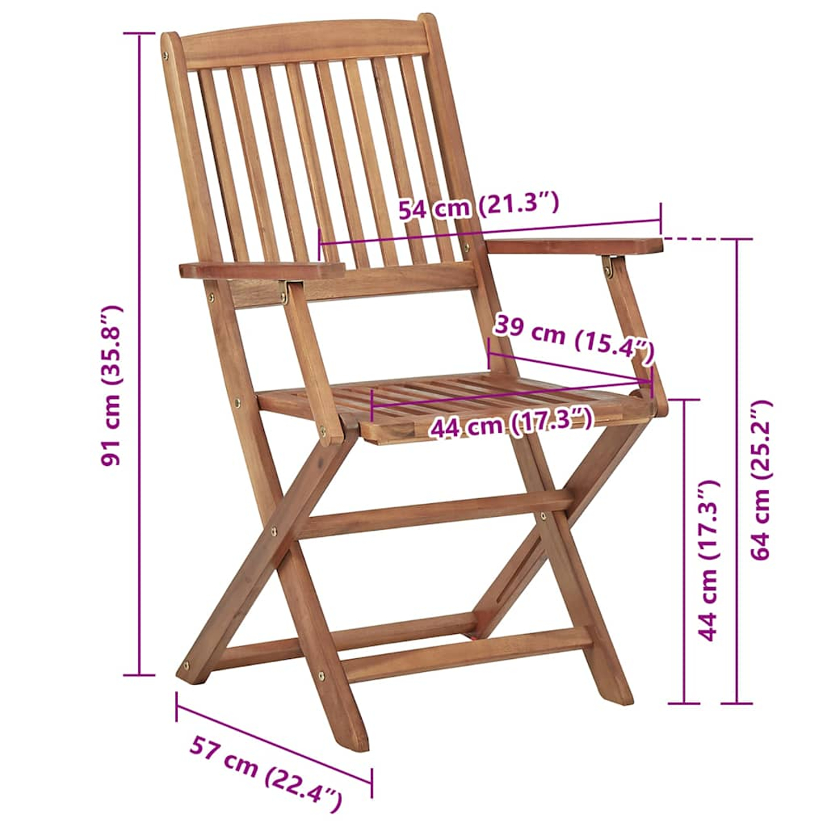 Klappstuhl aus Holz mit Maßangaben. Er hat eine Lattenlehne und -sitz, Armlehnen und ist offen dargestellt.