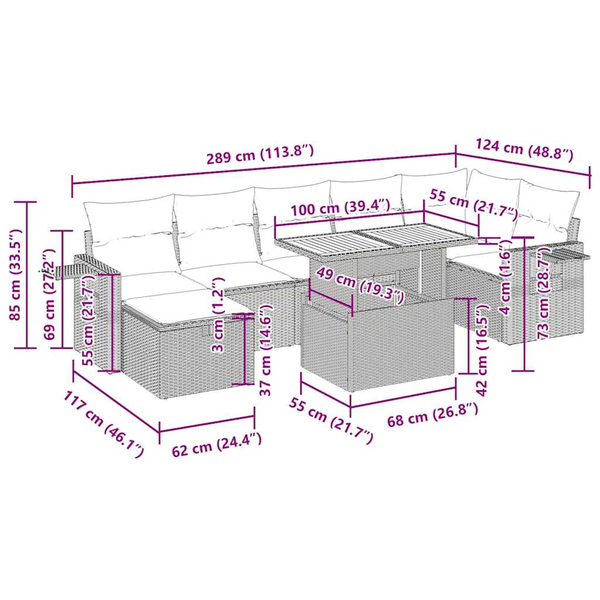Geflochtenes Outdoor-Ecksofa-Set mit beschrifteten Abmessungen. Enthält ein Sofa und einen Tisch.