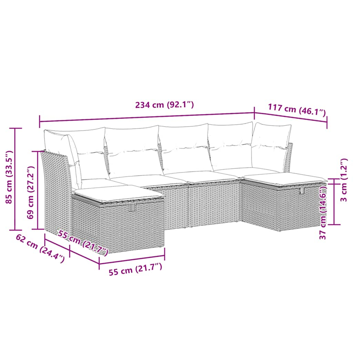 Ein Ecksofa aus Korbgeflecht mit Kissen. Die Maße in Zentimetern werden angezeigt. Es ist hellbraun und hat Maße.
