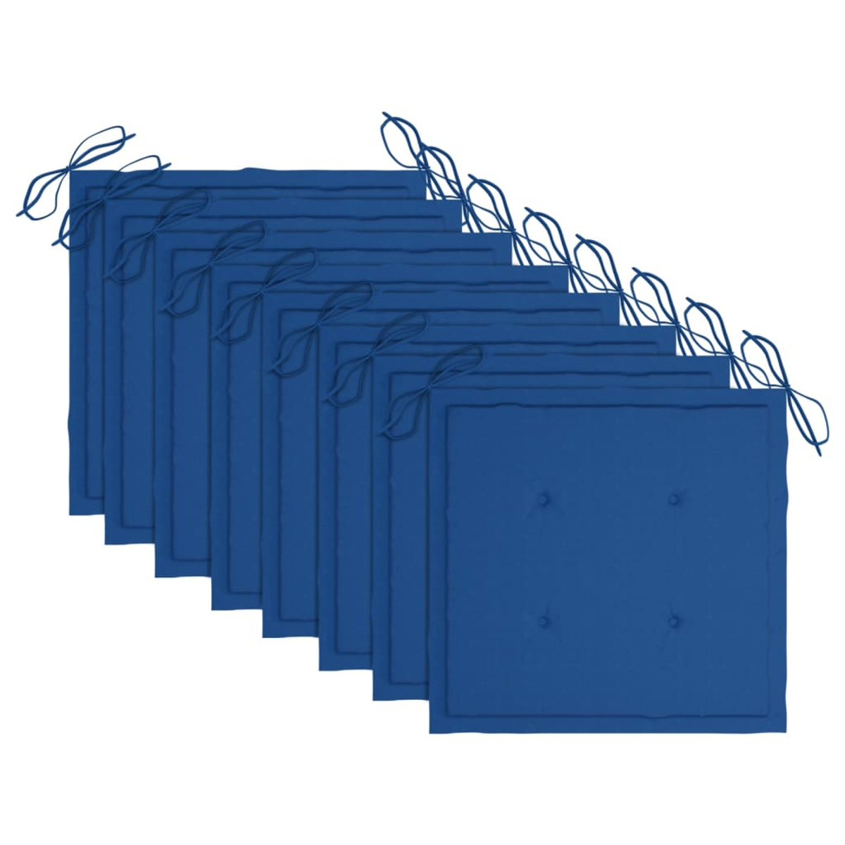 Neun blaue quadratische Kissen mit Bindebändern diagonal angeordnet. Jedes hat vier Knopfdetails. Weißer Hintergrund.