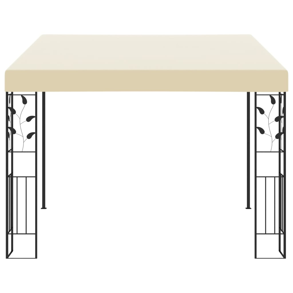Ein cremefarbenes Baldachin sitzt auf einem schwarzen Metallrahmen-Pavillon. Der Rahmen hat blattförmige Verzierungen.
