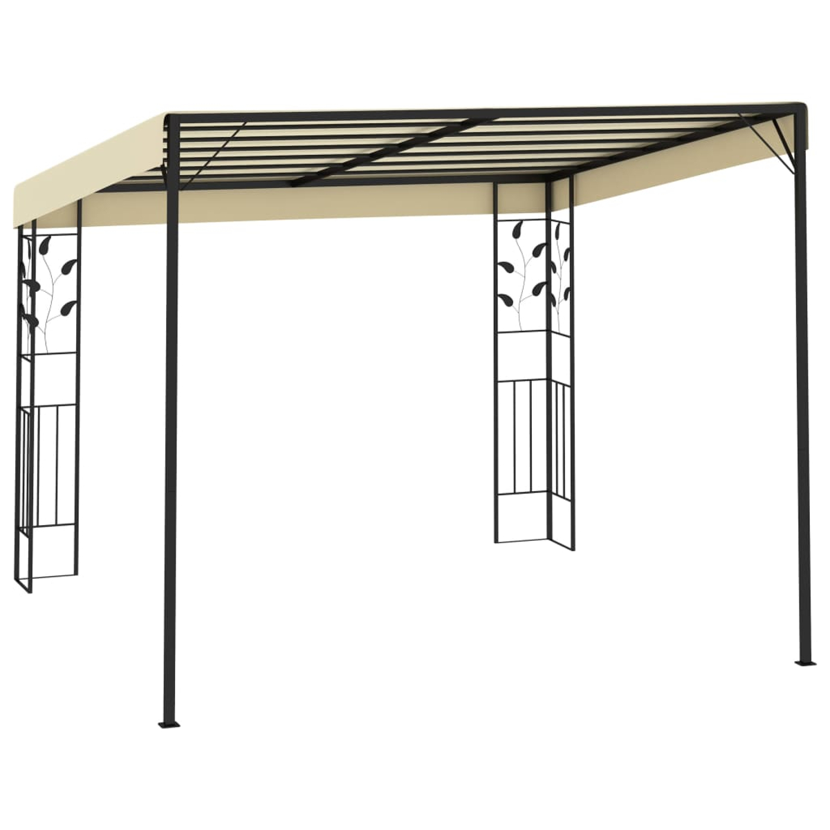 Eine Pergola mit beigem Dach, schwarzem Metallrahmen und blattförmigen Seitenstützen, auf weißem Hintergrund.