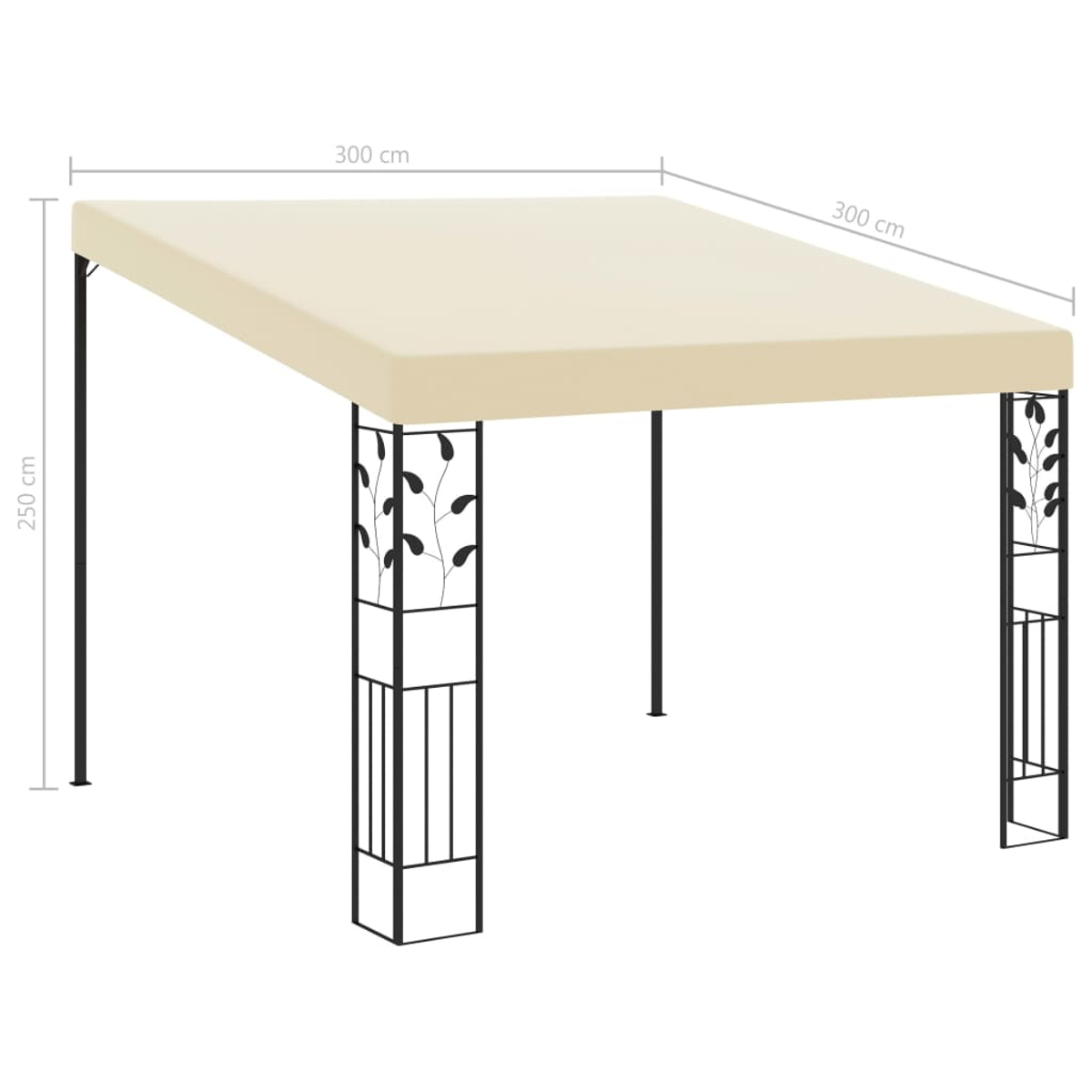 Beiger quadratischer Pavillon mit schwarzen Metallstützen. Maße: 300 cm x 300 cm x 250 cm. Die Stützen haben Blattmuster.