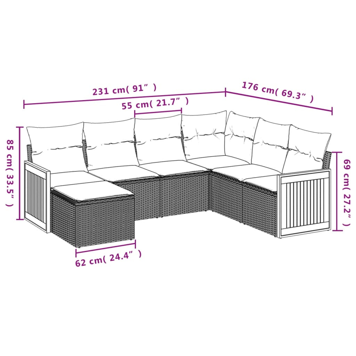 Ein Ecksofa für den Außenbereich mit Abmessungen. Es ist im Rattan-Stil mit weißen Kissen. Maße sind im Bild enthalten.