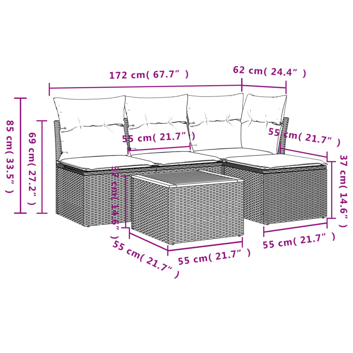 Geflochtenes Sofa mit Abmessungen. Ein quadratischer Couchtisch steht davor. Maße sind mit Linien und Zahlen angegeben.