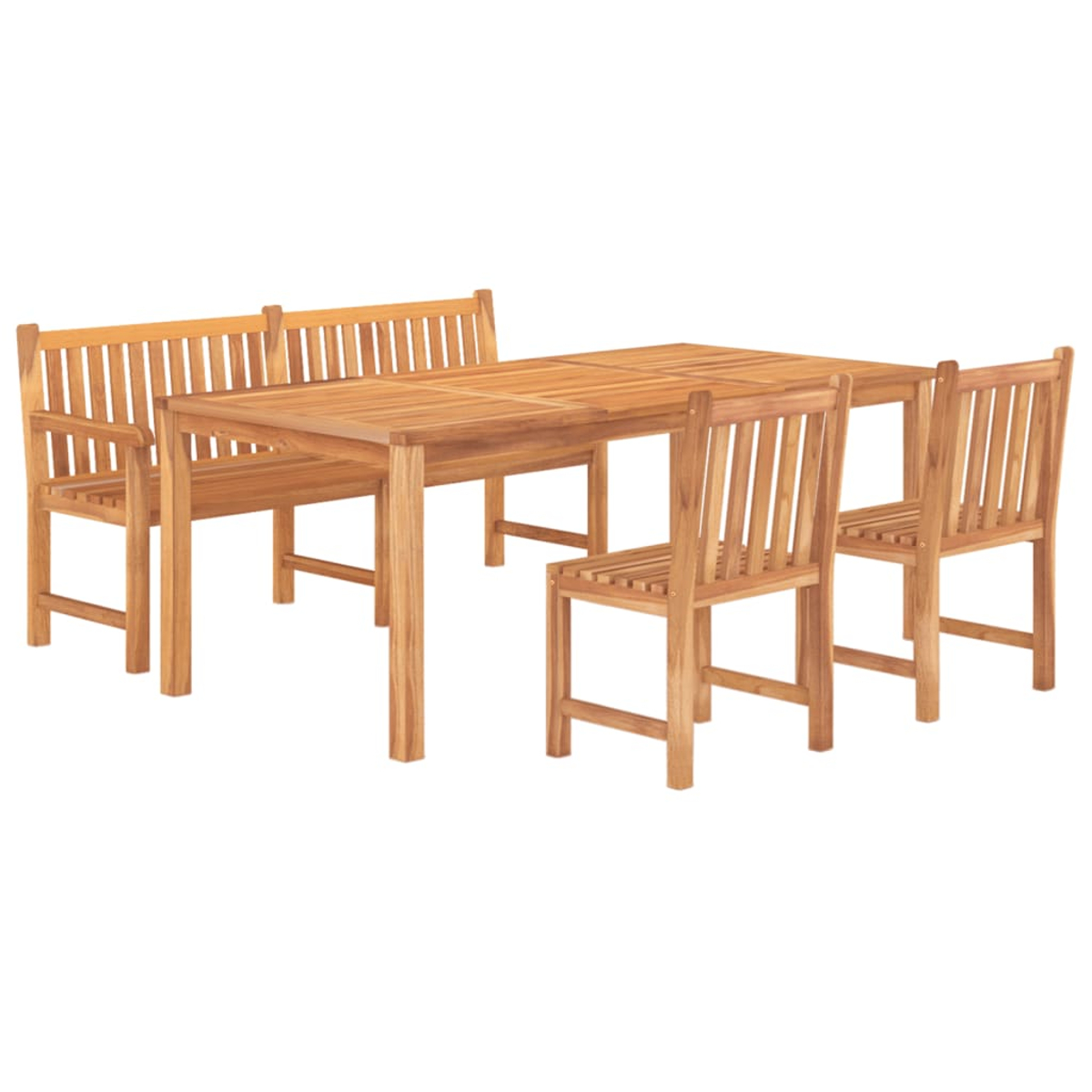 Essgruppe aus Holz für draußen. Sie besteht aus einem Tisch, einer Bank und zwei Stühlen. Das Set ist hellbraun.
