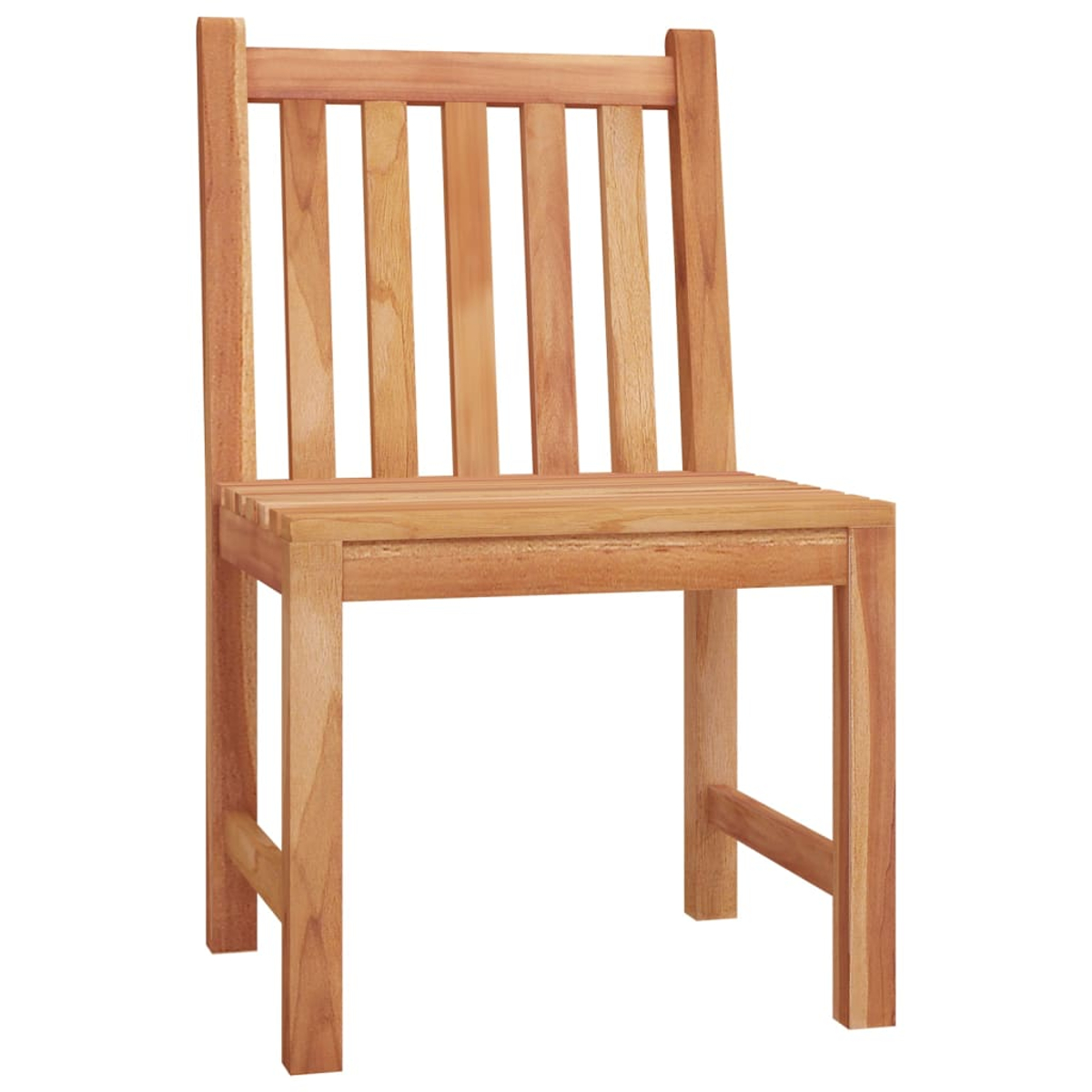 Ein Holzstuhl mit Lattenrücken und Sitzfläche ist vor weißem Hintergrund isoliert. Der Stuhl hat eine hellbraune Farbe.
