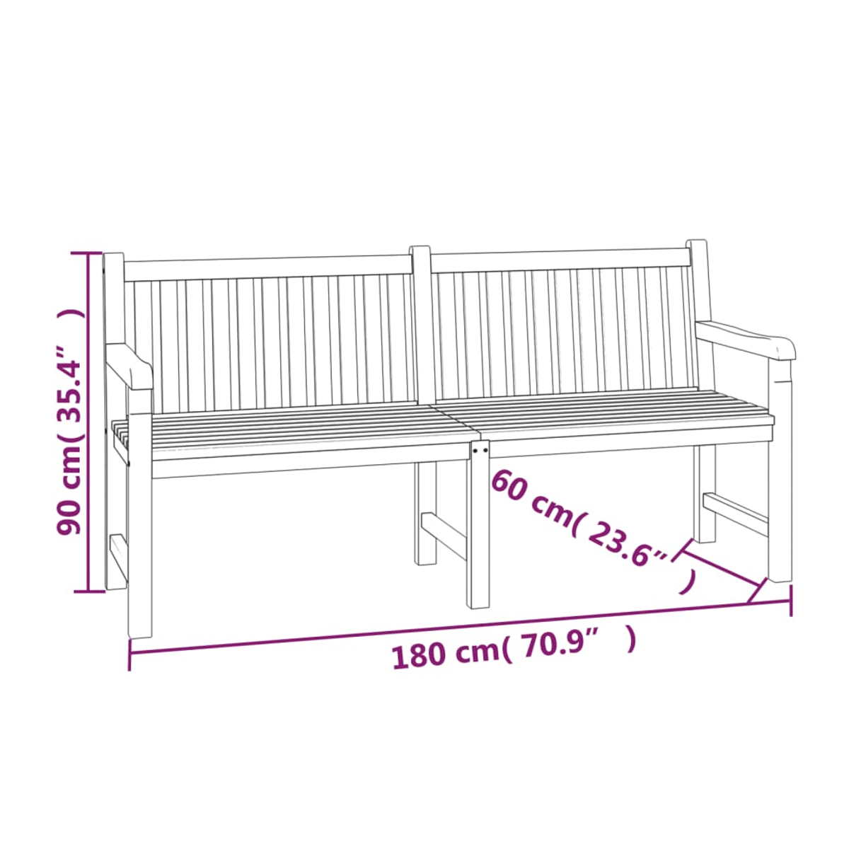 Eine Strichzeichnung einer Holzbank. Abmessungen: 180 cm lang, 90 cm hoch und 60 cm tief.
