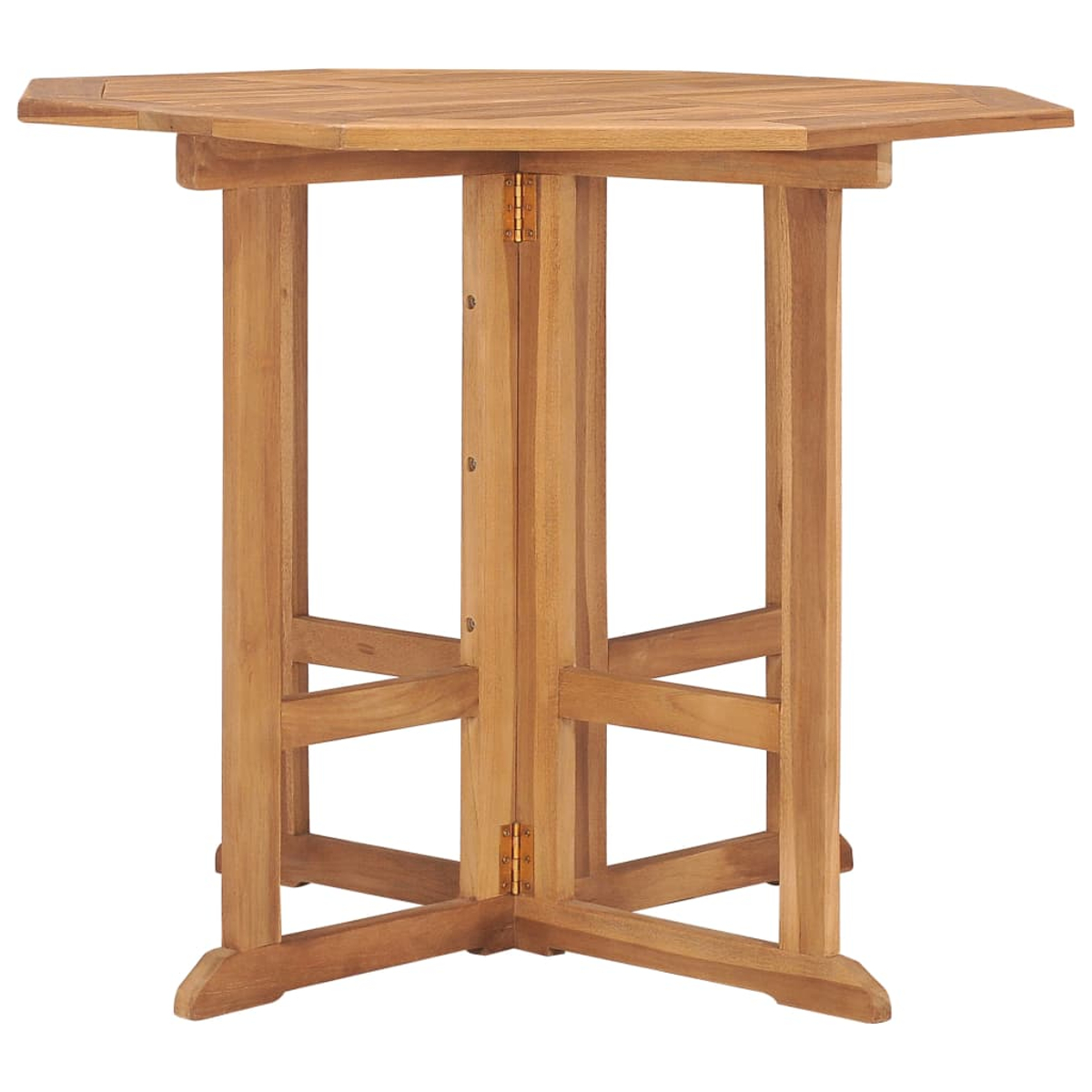 Ein hölzerner, sechseckiger Tisch. Er hat ein Klappdesign mit stabilen Beinen. Das Holz hat eine natürliche Farbe und Maserung.