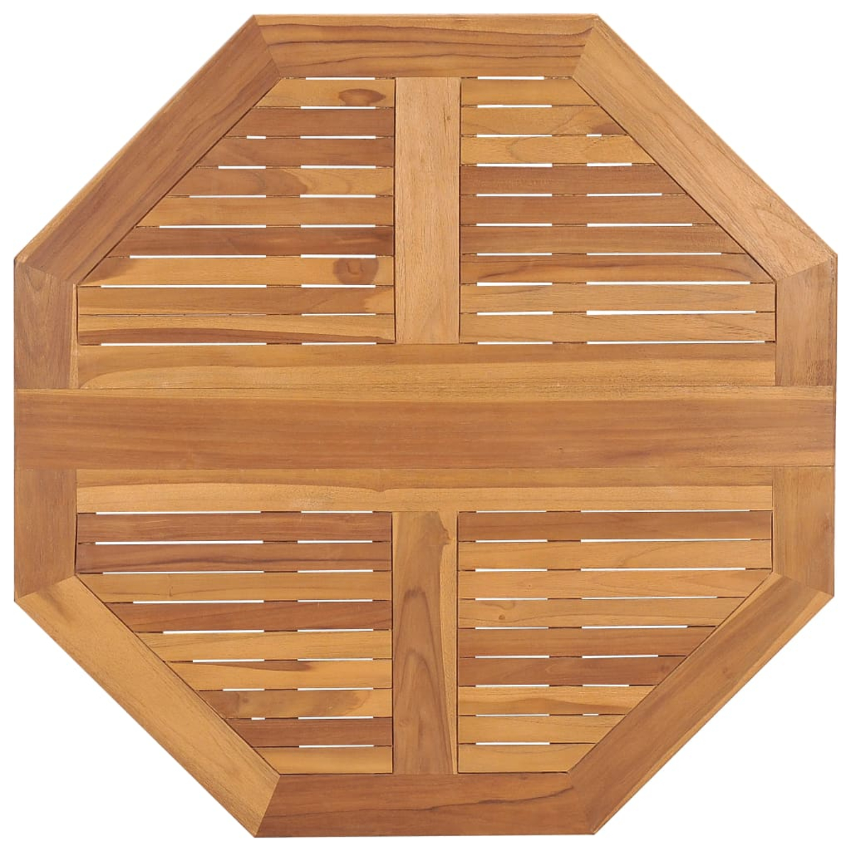 Achteckige Tischplatte aus Holz. Der Tisch hat eine hellbraune Farbe und besteht aus Holzlatten in einem gitterartigen Muster.