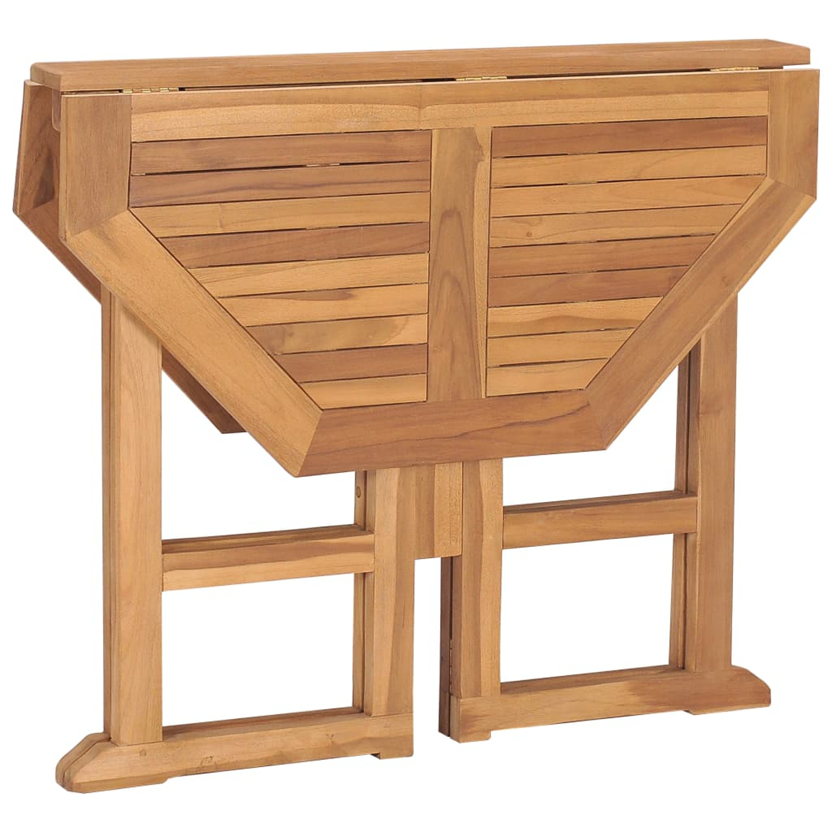 Klapptisch aus Holz, hellbraun, mit Latten-Tischplatte und abgewinkelten Beinen. Der Tisch ist teilweise zusammengeklappt.