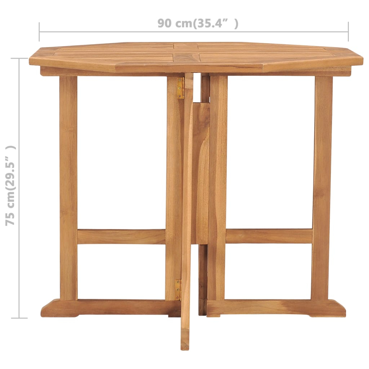 Brauner, zusammenklappbarer Holztisch mit Maßangaben. Die Oberseite ist fünfeckig. 75 cm hoch, 90 cm breit.