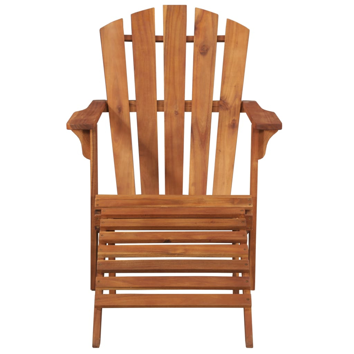 Ein hölzerner Adirondack-Stuhl, von vorne betrachtet. Er hat eine Lattenlehne und -sitzfläche mit Armlehnen. Das Holz hat einen warmen, braunen Ton.