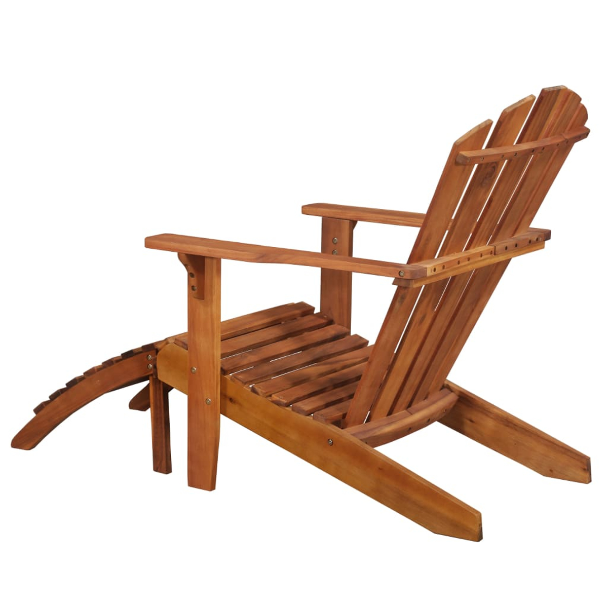 Brauner Holz-Adirondack-Stuhl mit Fußstütze. Der Stuhl ist angewinkelt und zeigt Sitz, Rückenlehne und Armlehnen auf weißem Hintergrund.