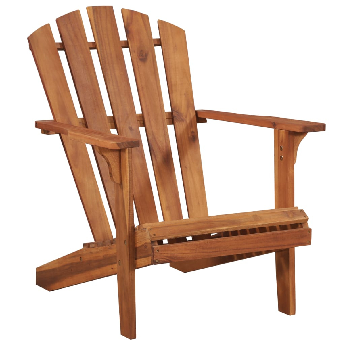 Ein hölzerner Adirondack-Stuhl mit lattenförmiger Rückenlehne und Sitzfläche. Der Stuhl ist aus hellbraunem Holz gefertigt und hat Armlehnen.