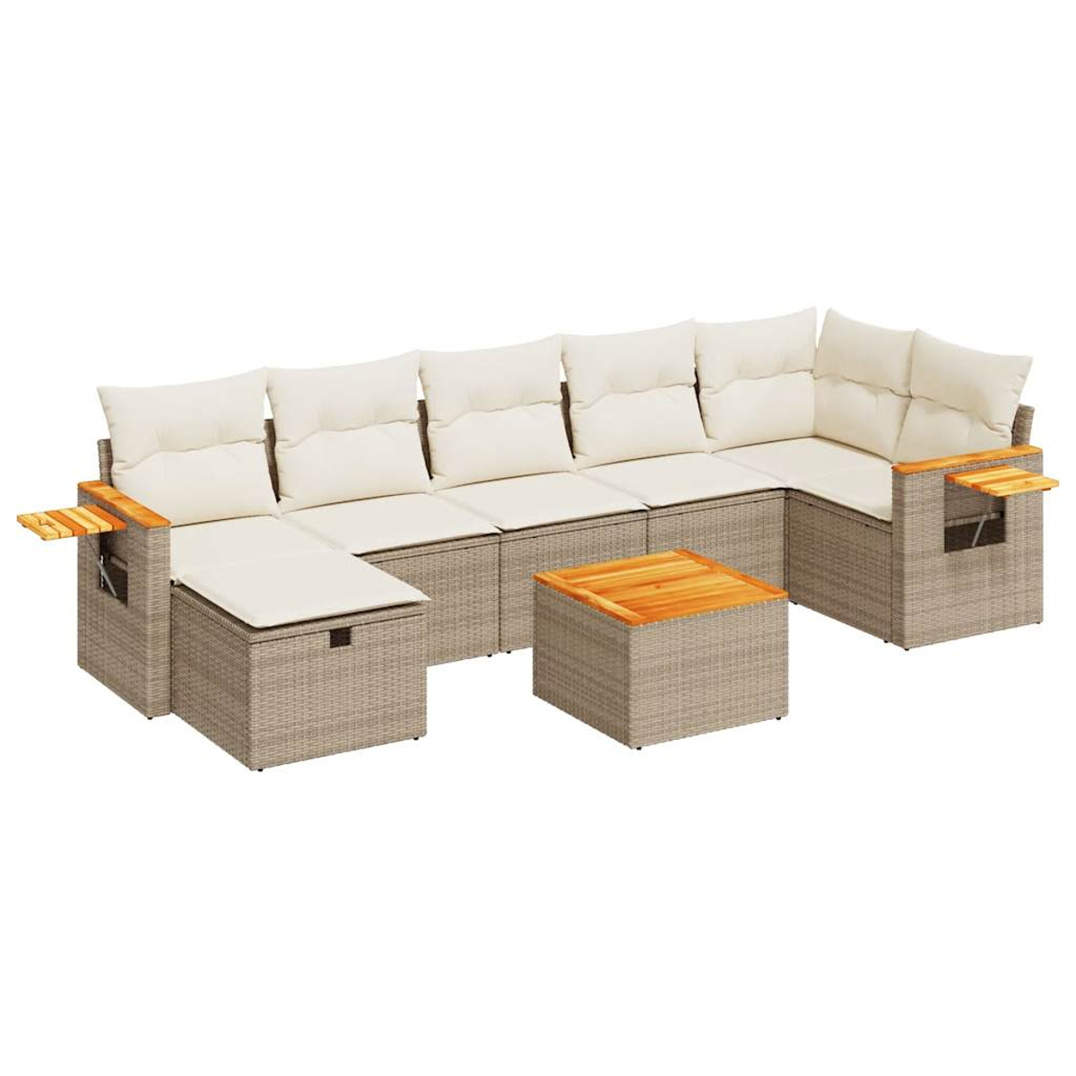 Un set di divani modulari per esterni con cuscini beige e un tavolo in legno. Il divano ha una struttura in vimini marrone chiaro. È presente anche un tavolino quadrato.