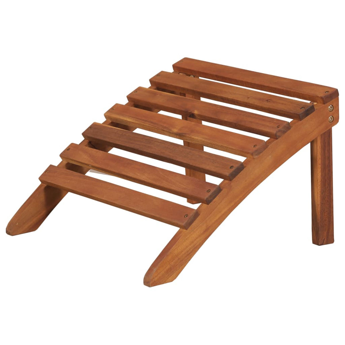 Hocker aus Holz mit Lattenrost und abgewinkelten Beinen. Das Holz hat eine warme braune Farbe, vor weißem Hintergrund.