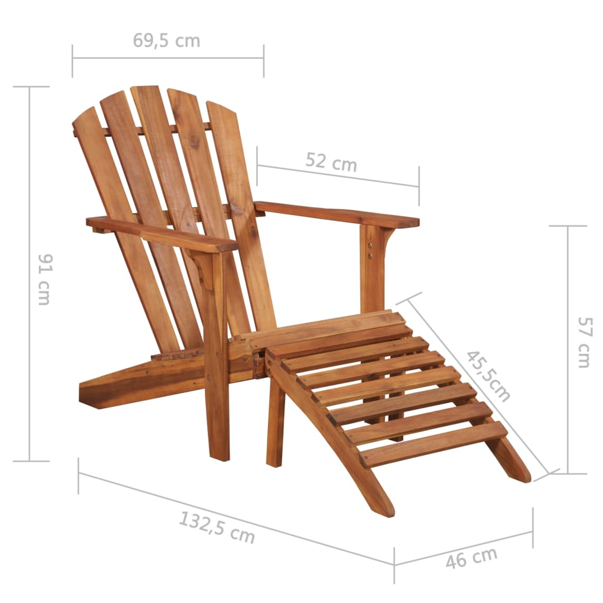 Holz-Adirondack-Stuhl mit Fußstütze. Abmessungen sind beschriftet. Der Stuhl ist braun und vor weißem Hintergrund platziert.