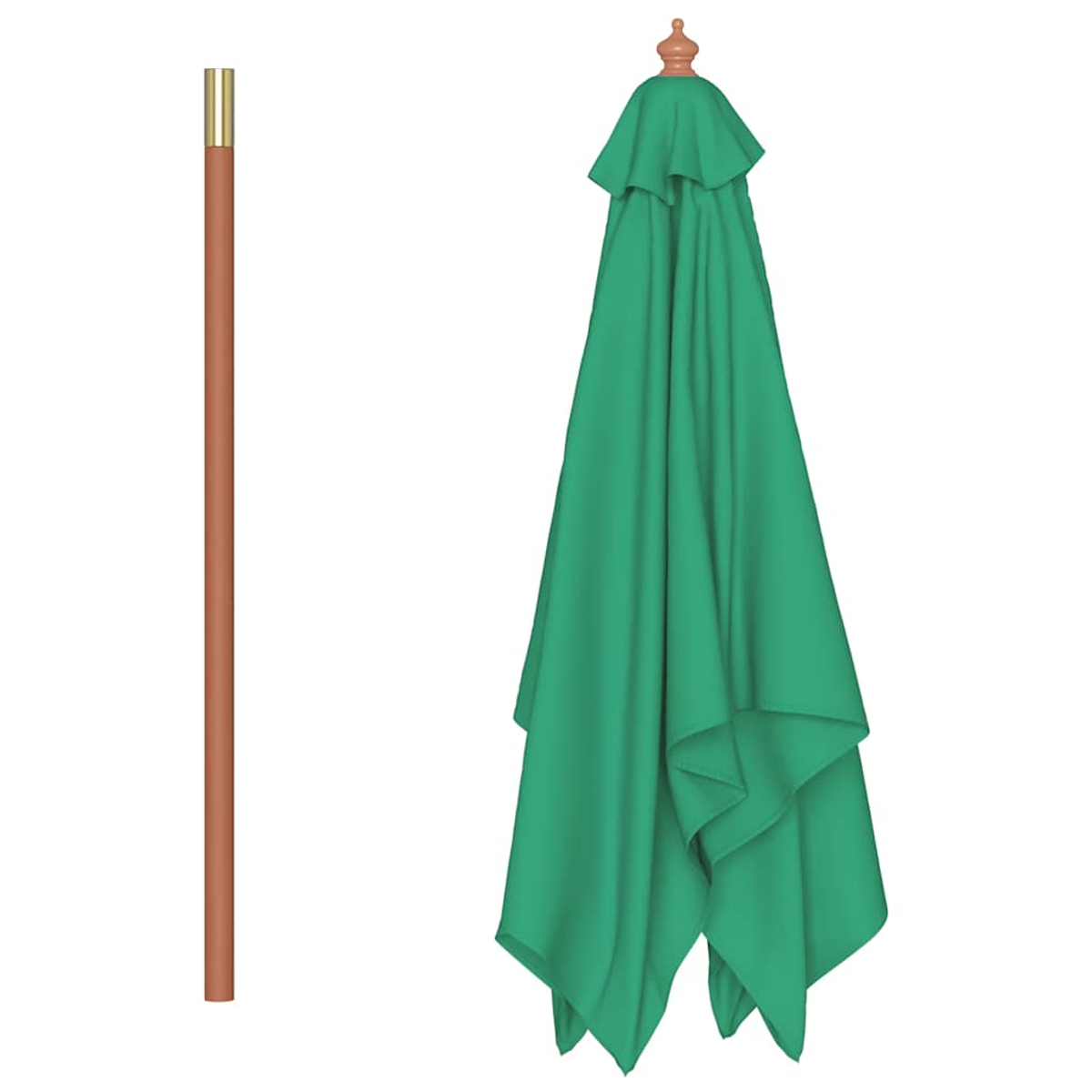 Ein zusammengeklappter grüner Sonnenschirm mit einem Holzpfahl befindet sich rechts. Der Pfahl ist braun mit einem goldenen Aufsatz. Der Hintergrund ist weiß.