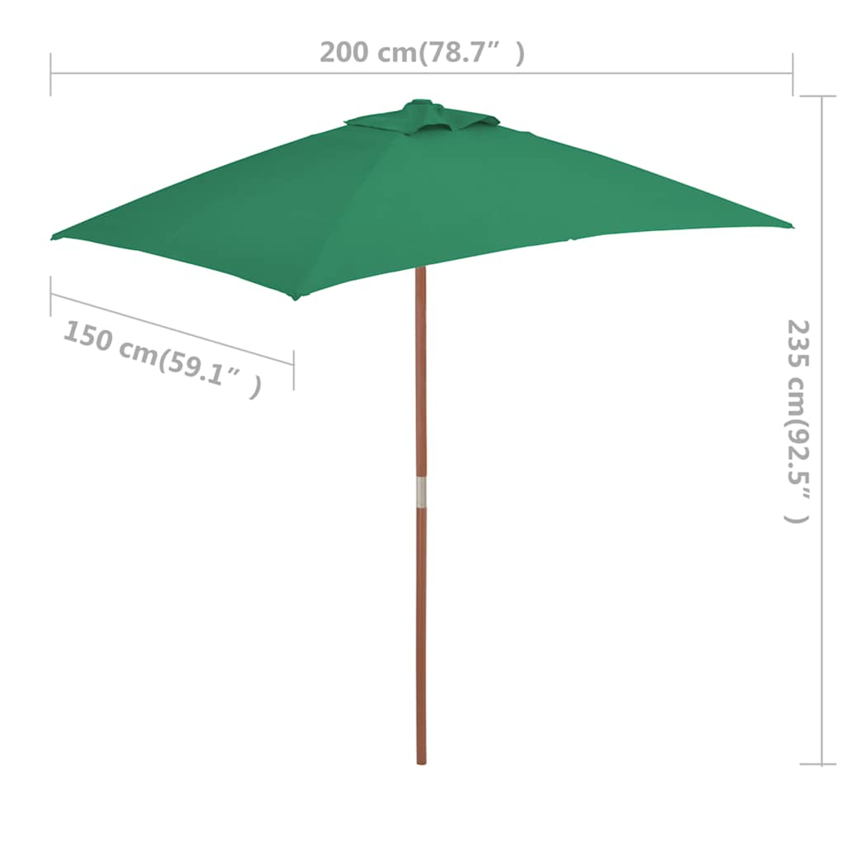 Ein grüner rechteckiger Schirm mit Holzpfahl. Maße sind 200cm x 150cm x 235cm.
