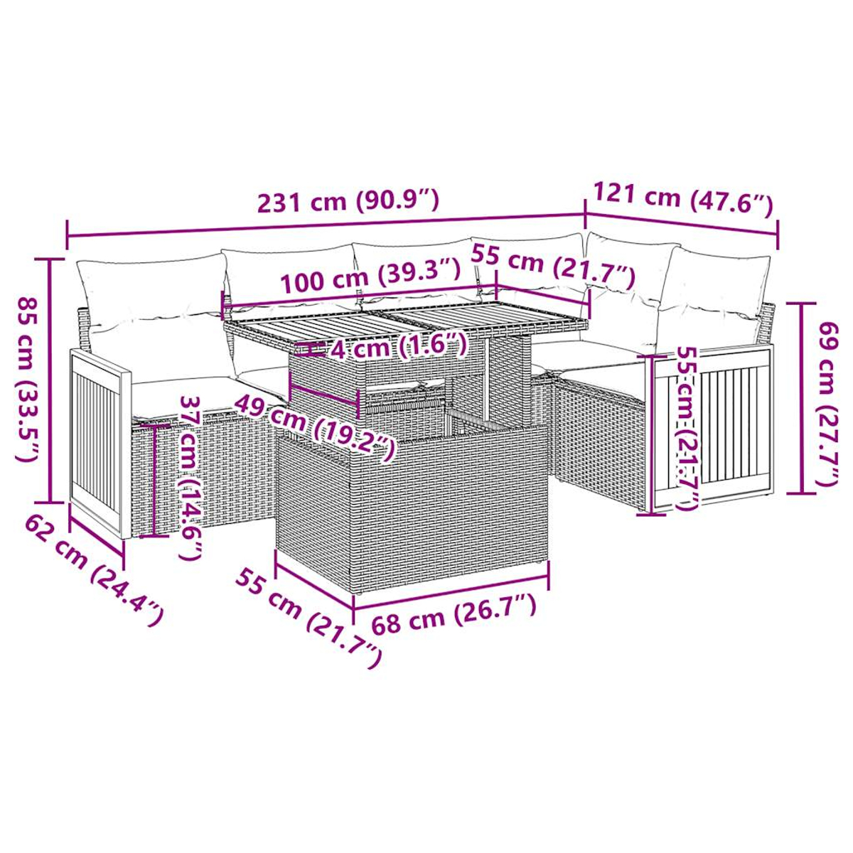 Outdoor-Rattan-Möbelset mit Maßangaben in cm und Zoll. Enthält Sofa, Stühle und einen Tisch.