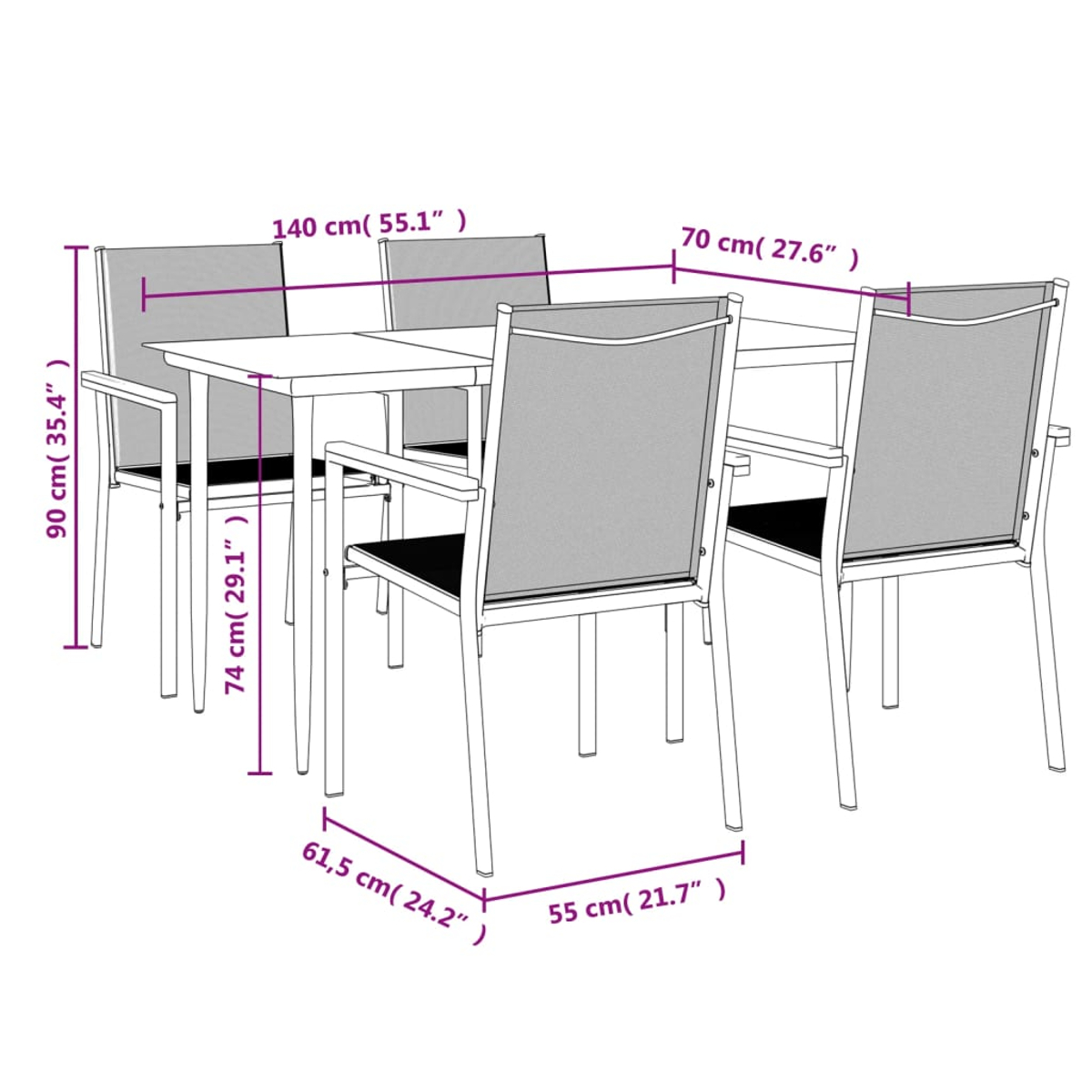 Ein weißer rechteckiger Tisch mit vier Stühlen wird mit Maßlinien gezeigt. Die Stühle haben graue Rücken und schwarze Sitze.