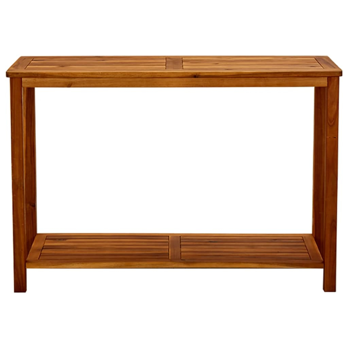 Ein Holztisch mit einer Platte und einem Regal darunter. Er hat eine rechteckige Form und ist aus hellbraunem Holz gefertigt.