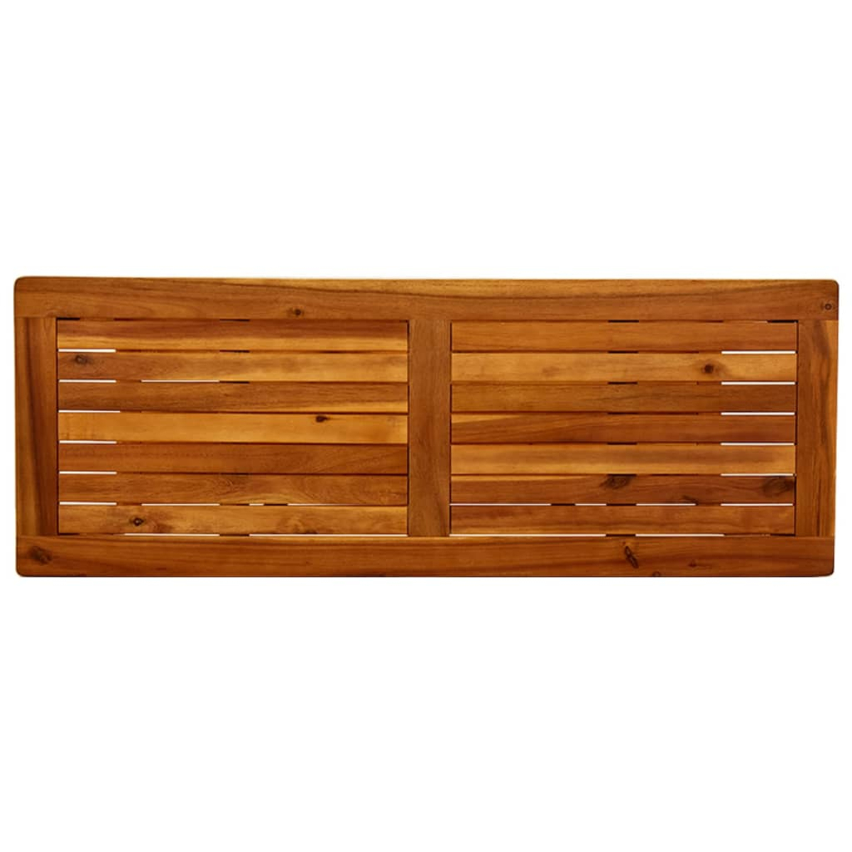Holztischplatte mit sichtbarer Holzmaserung, rechteckig. Verfügt über zwei rechteckige Abschnitte mit horizontalen Holzlatten.