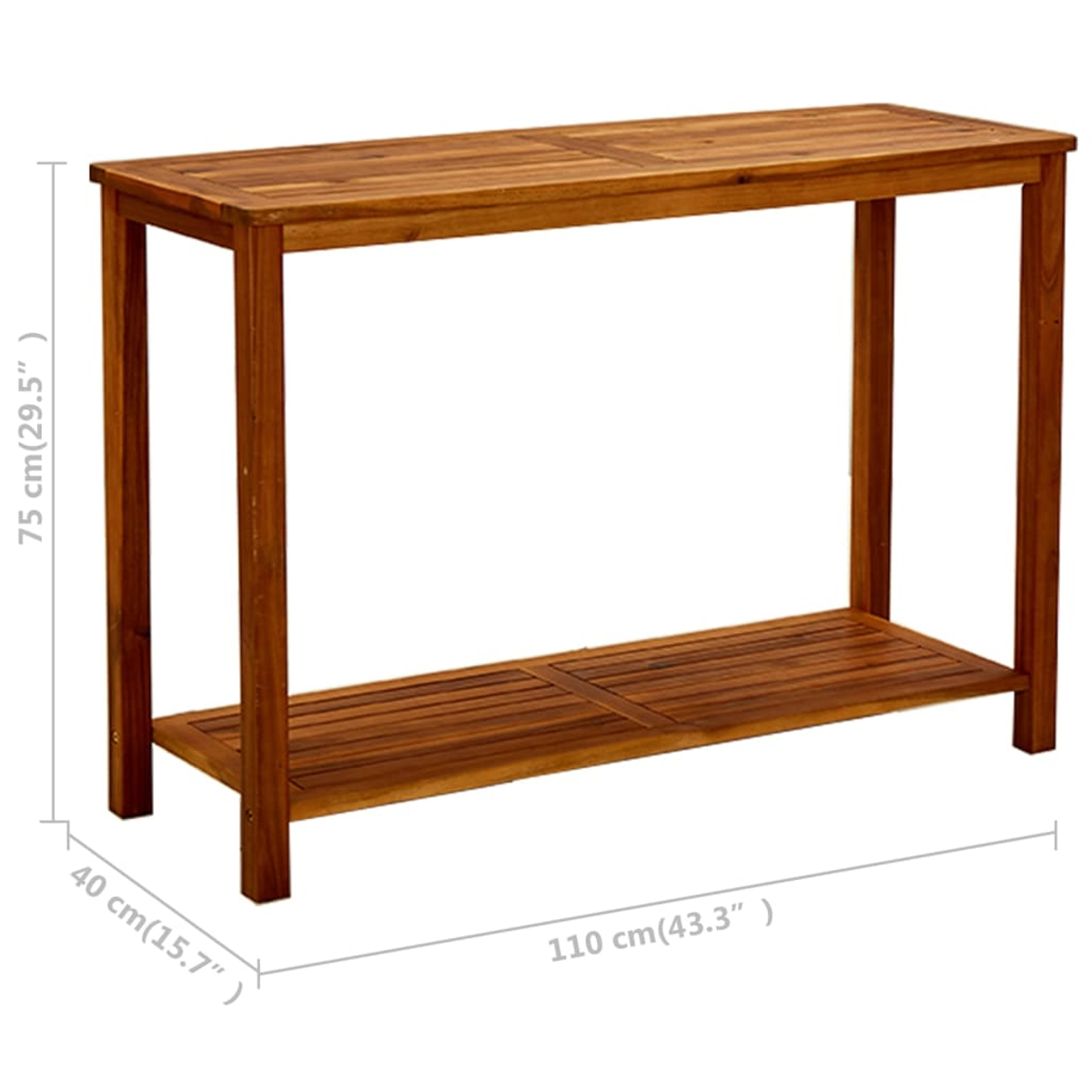 Holzkonsole mit oberer und unterer Ablage. Sie hat vier Beine und misst 110 cm x 40 cm x 75 cm.