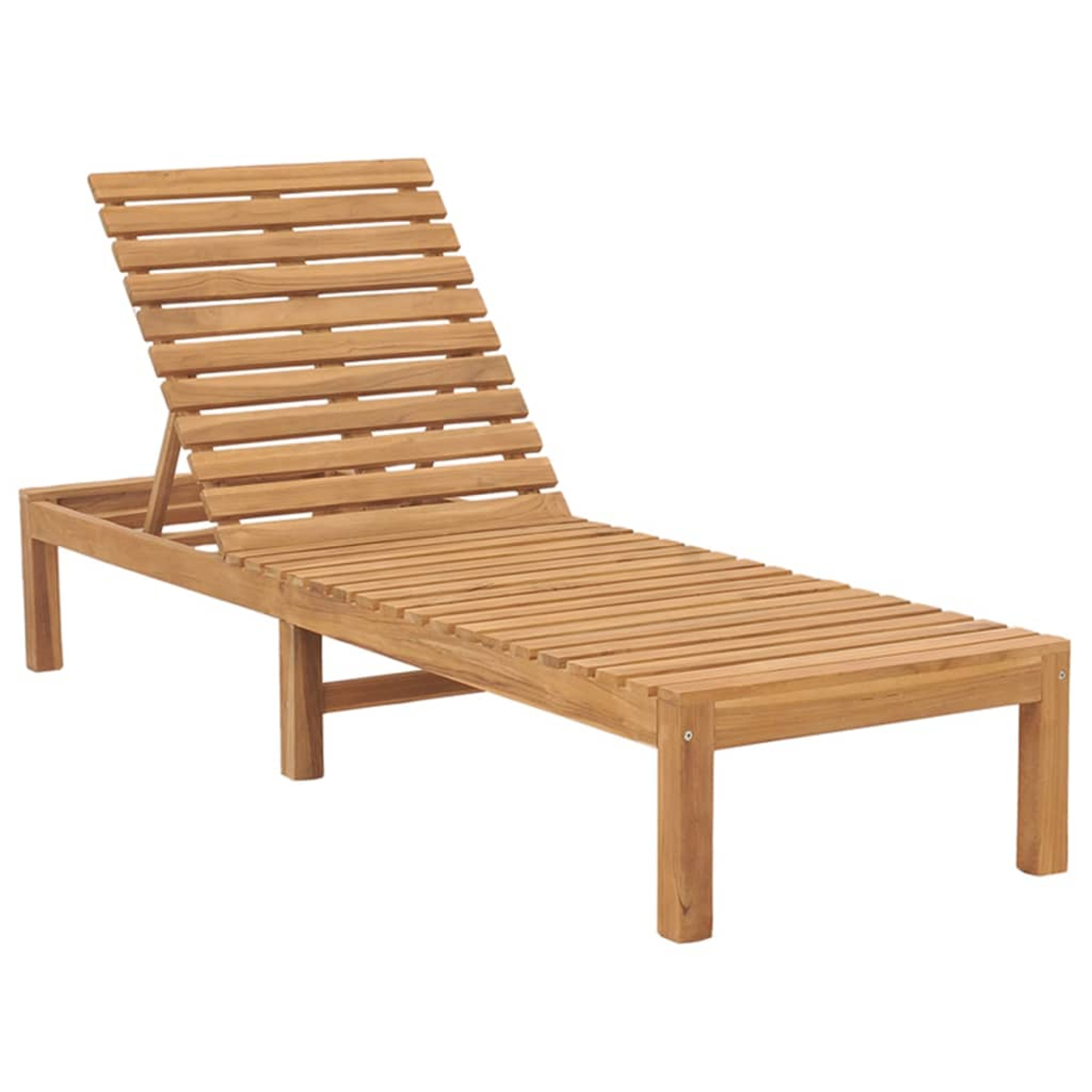 Eine Holzliege. Sie hat ein Lattenrost-Design für Rücken und Sitz. Der Rahmen ist rechteckig mit vier stabilen Beinen.