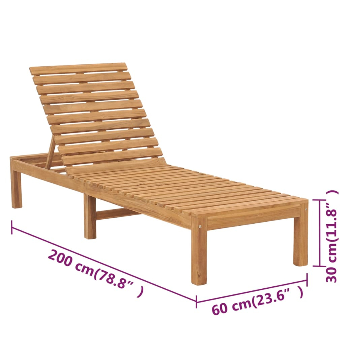 Eine Sonnenliege aus Holz mit verstellbarer Rückenlehne. Abmessungen: 200 cm, 60 cm und 30 cm. Der Hintergrund ist weiß.