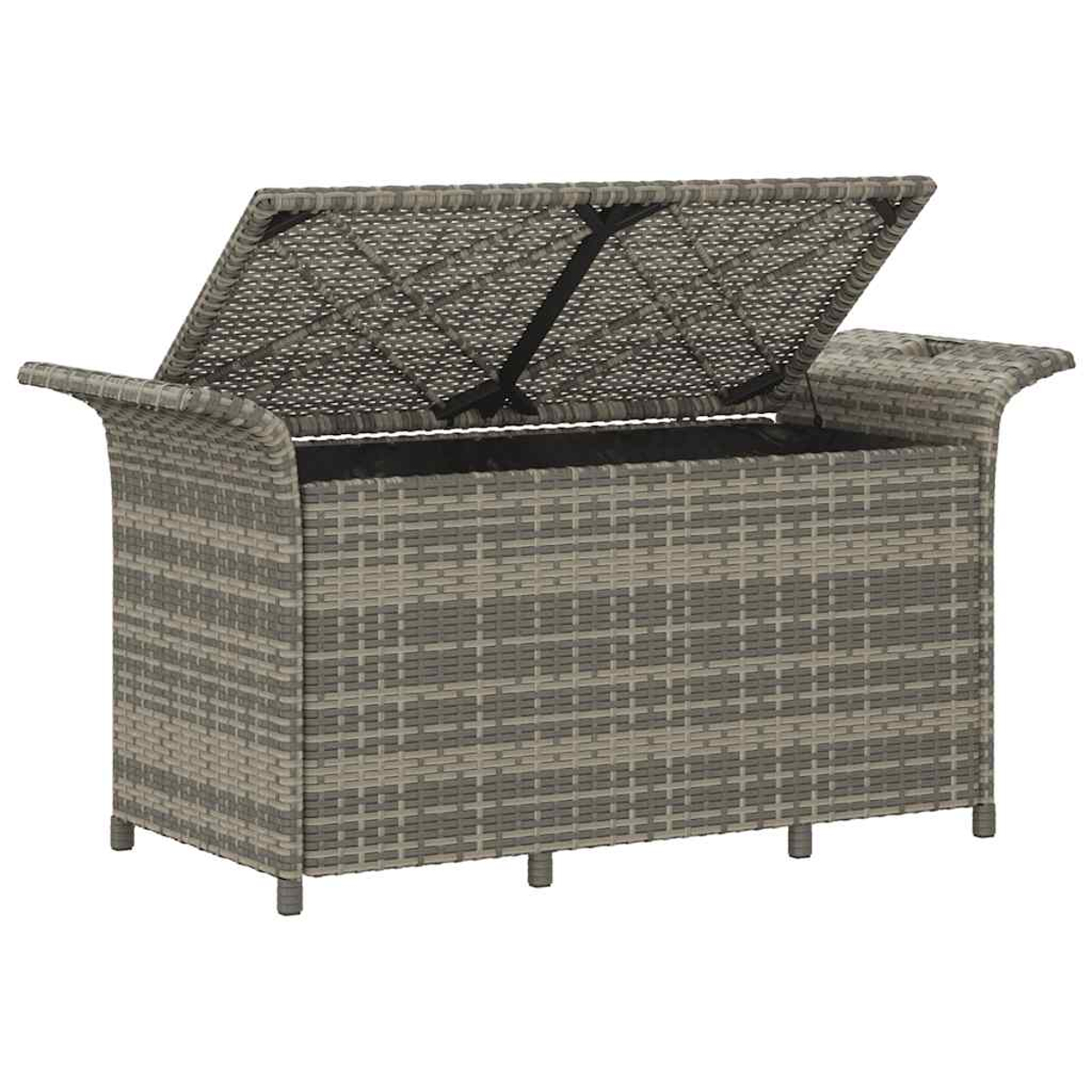 Wicker-Truhe mit offenem Deckel. Die Truhe ist grau, mit schwarzem Innenraum. Es hat vier Beine.