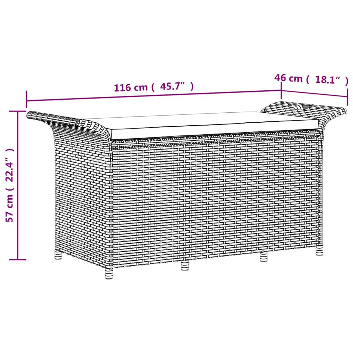 Eine Aufbewahrungsbank aus Korbgeflecht mit Bemaßung. Sie ist rechteckig mit gepolsterter Oberseite und 116 cm lang, 46 cm tief und 57 cm hoch.