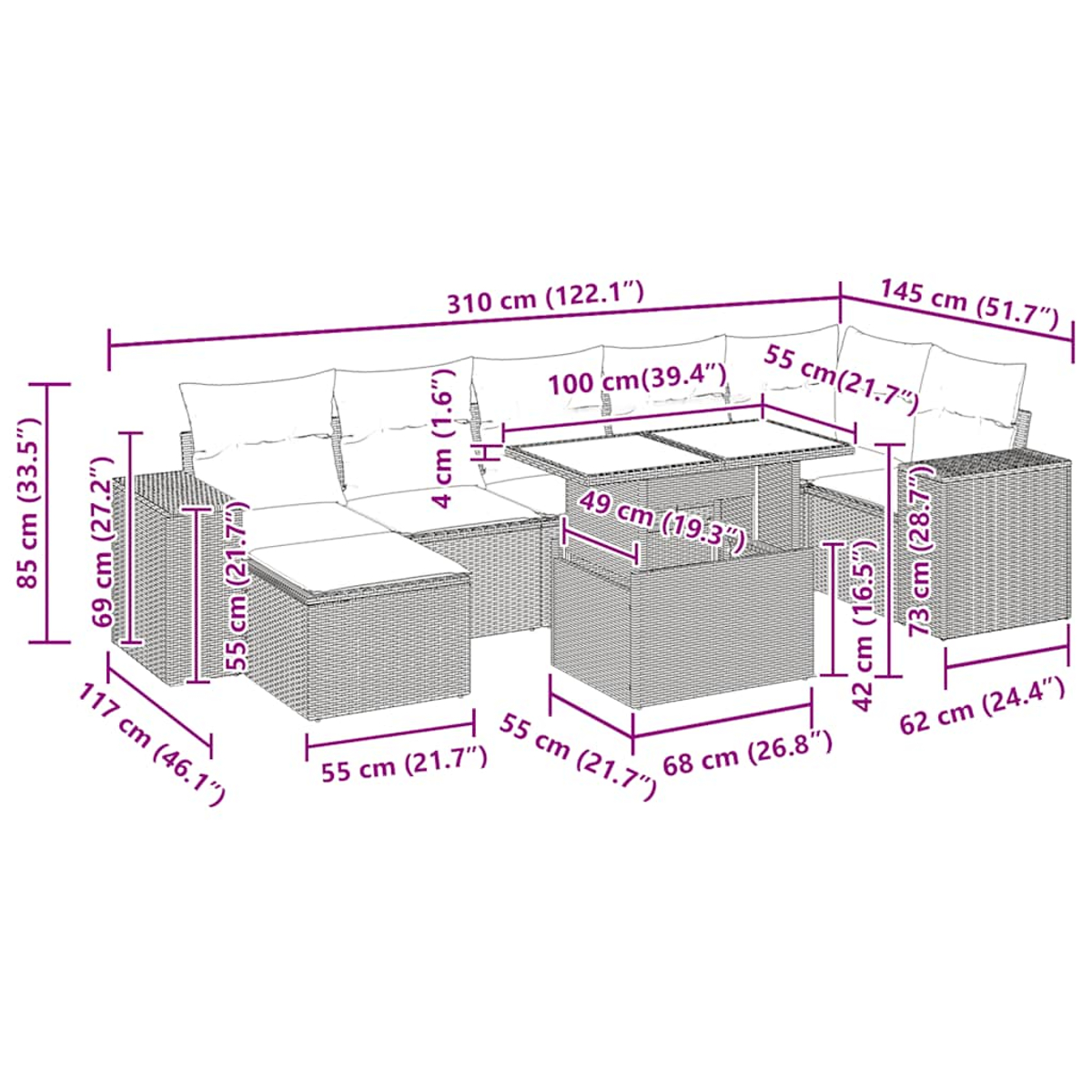 Un set da patio in vimini con dimensioni indicate. Include un divano, un tavolo e due sedie, tutto in colore marrone chiaro.
