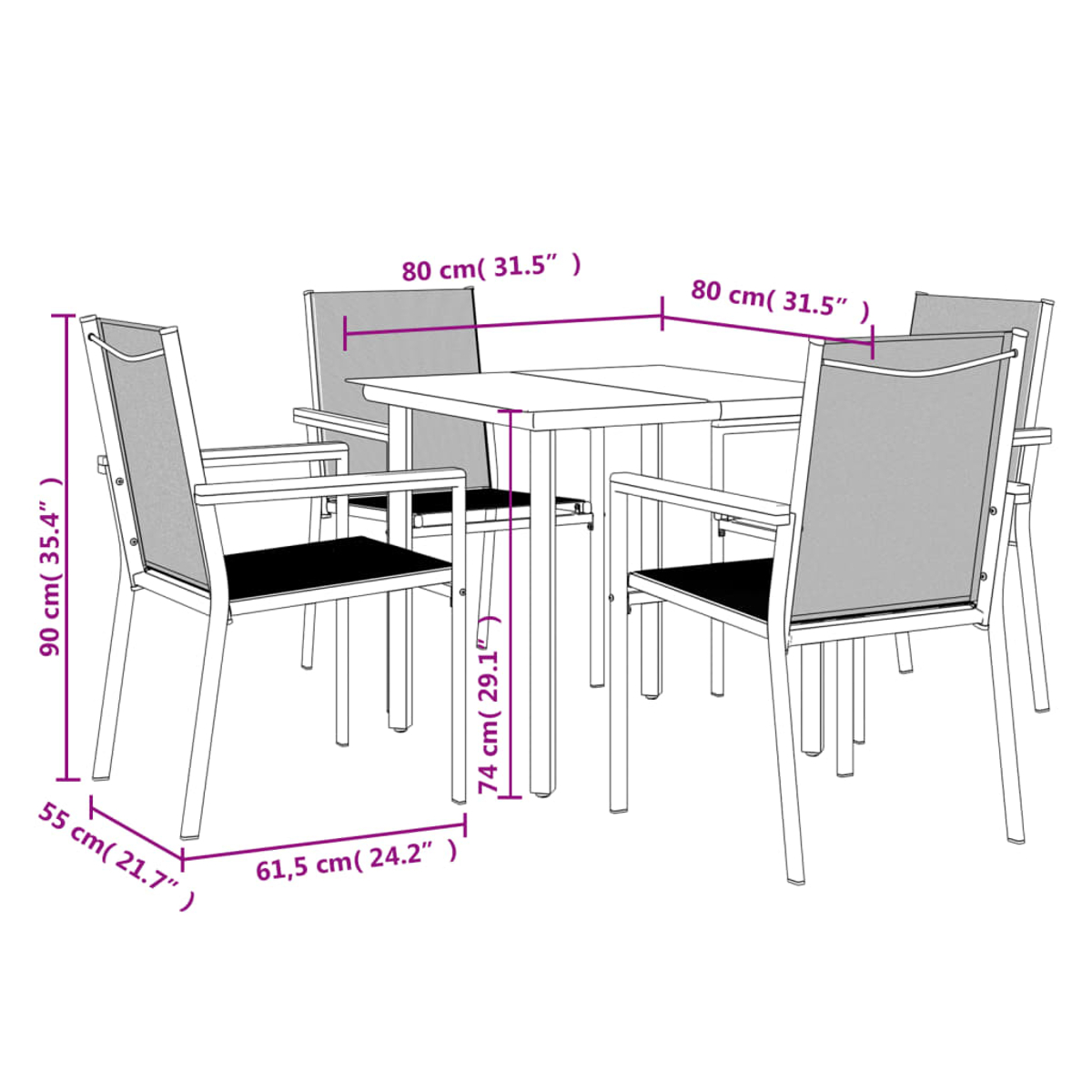Diagramm eines Tisches und vier Stühlen. Maße sind beschriftet: Tisch 80 cm, Stuhlhöhe 90 cm, Stuhlbreite 55 cm, Tischhöhe 74 cm.