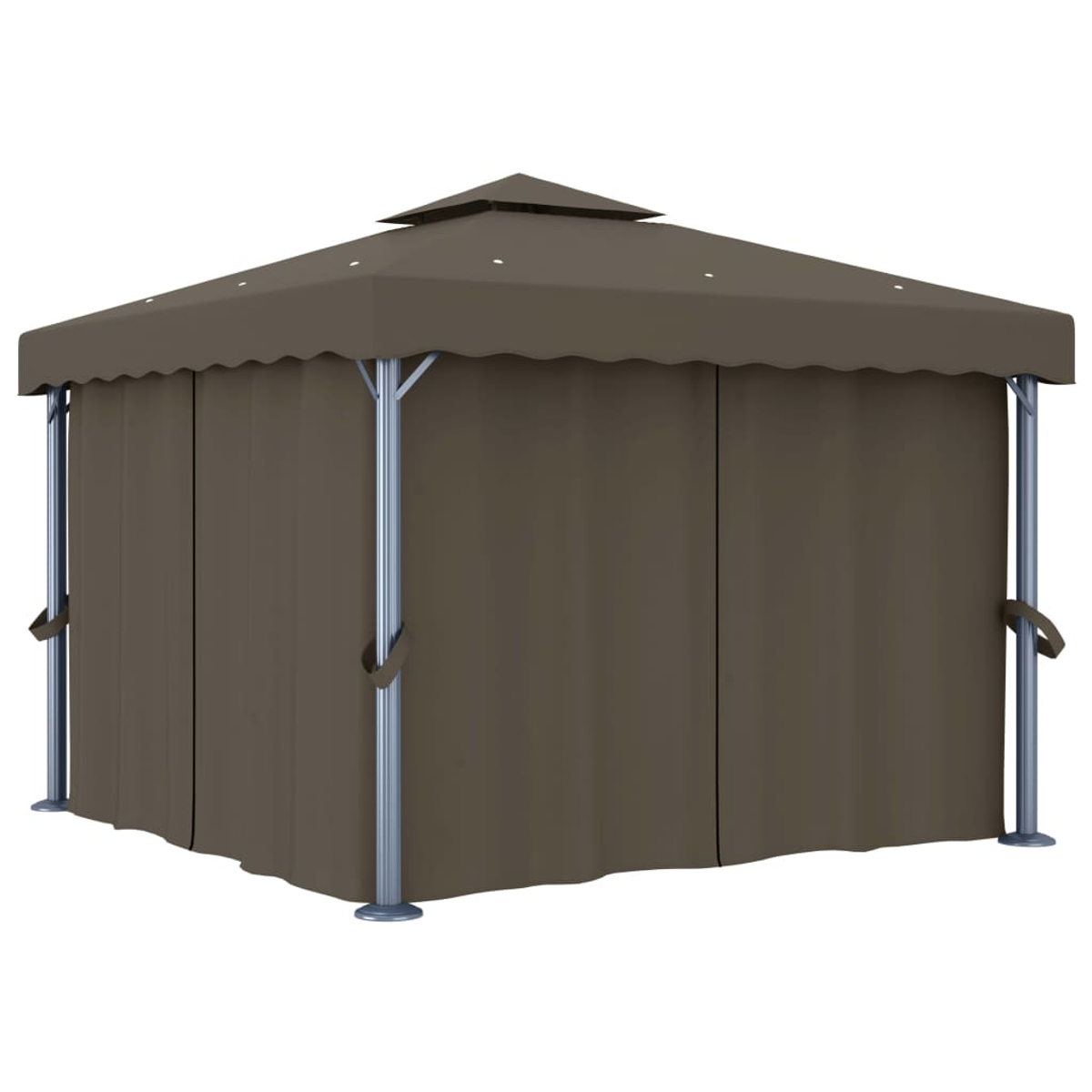 Ein brauner Pavillon mit spitzem Dach und Vorhängen. Die Struktur hat silberne Metallpfosten und befindet sich vor weißem Hintergrund.