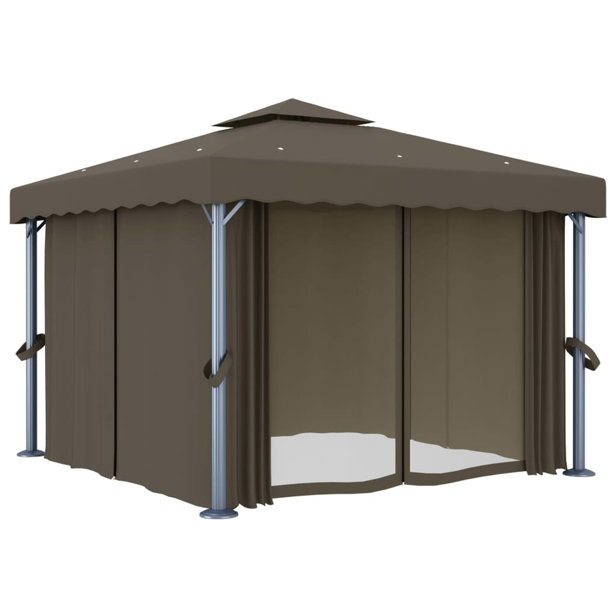 Ein brauner Pavillon mit spitzem Dach und Vorhängen. Metallstangen stützen die Konstruktion. Der Hintergrund ist weiß.