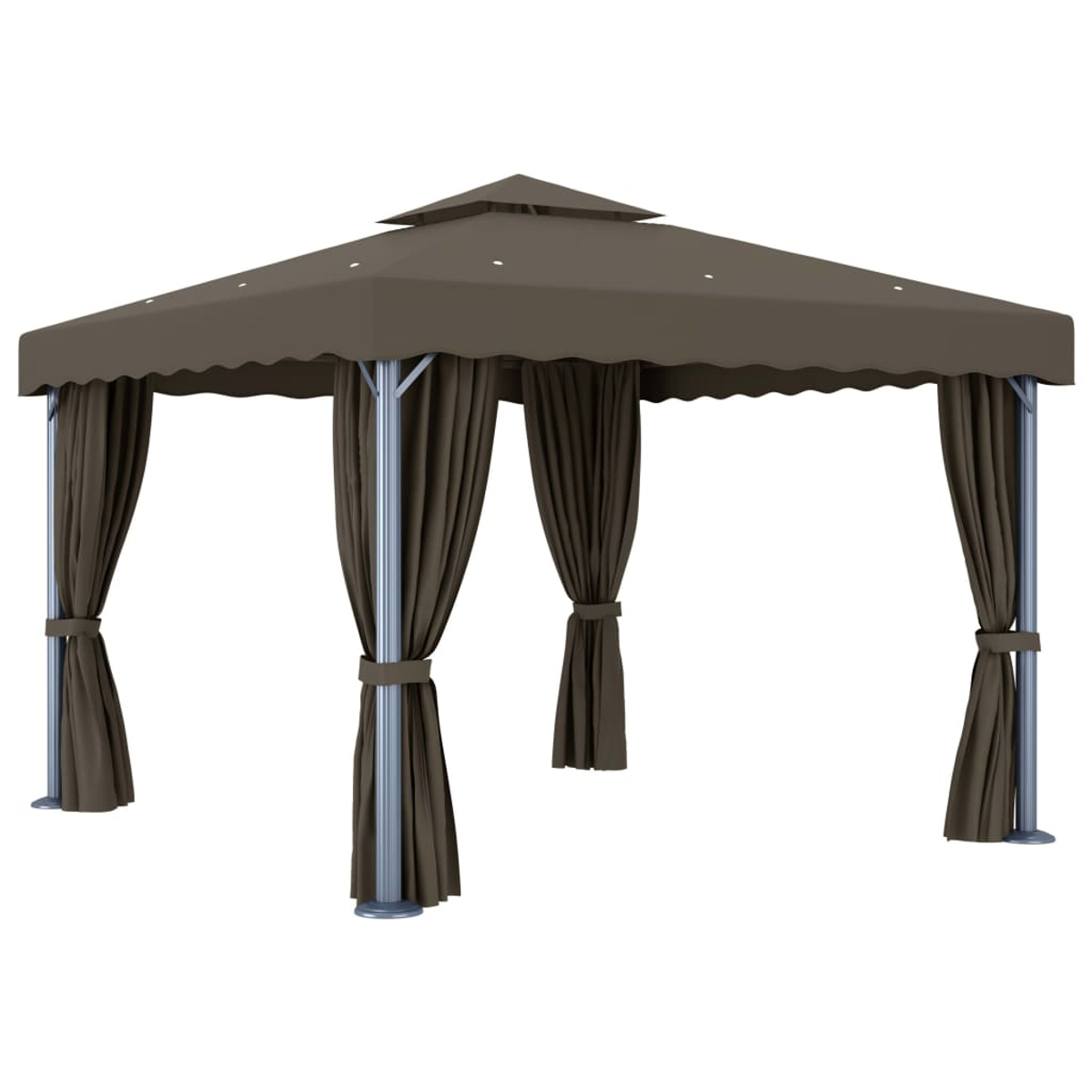 Brauner Pavillon mit Vorhängen. Verfügt über ein Dach mit gewelltem Rand, einen Metallrahmen und zurückgebundene Vorhänge.