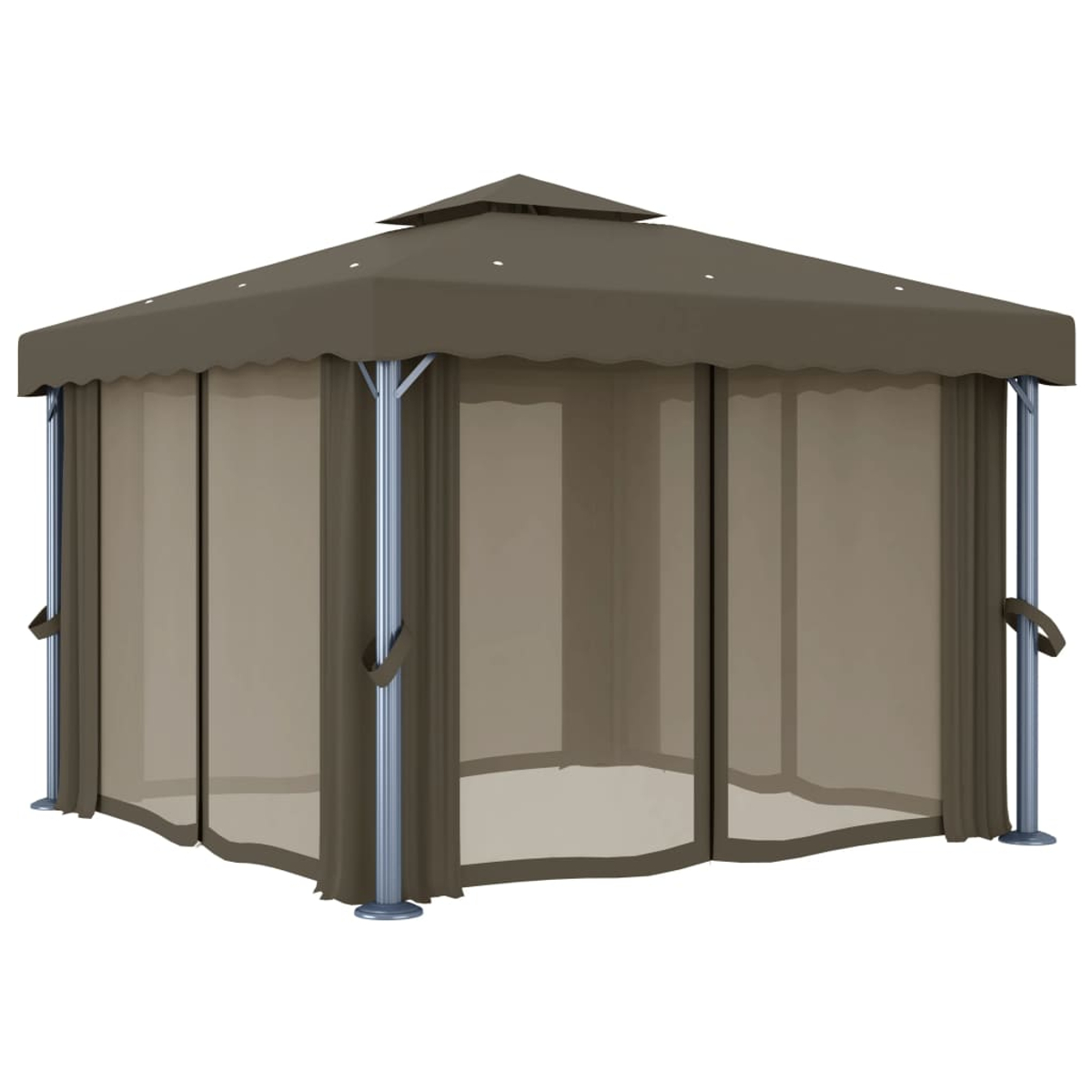 Ein brauner Pavillon mit spitzem Dach und Netzvorhängen. Er steht vor weißem Hintergrund und zeigt sein Design.