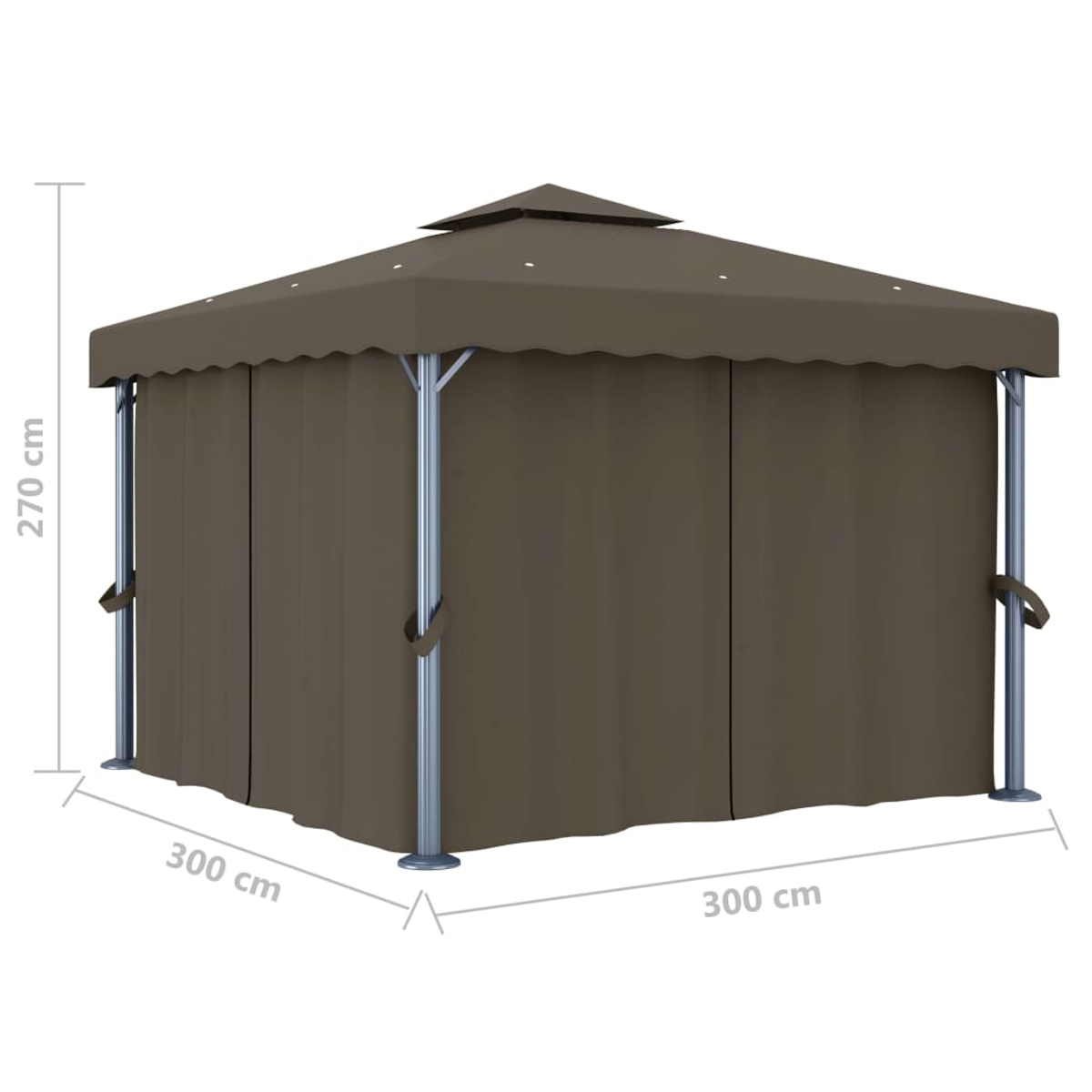 Ein brauner Pavillon mit Vorhängen. Es hat eine quadratische Form und ein pyramidenförmiges Dach. Die Abmessungen sind beschriftet: 300cm x 300cm x 270cm.