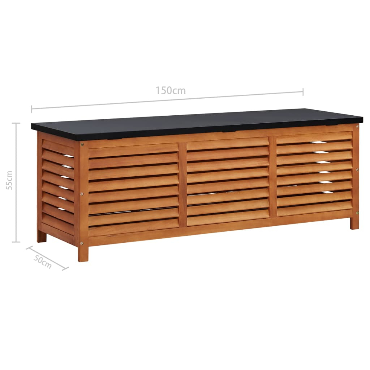 Holz-Aufbewahrungsbox für draußen mit schwarzer Oberseite. Die Box hat Lamellen an den Seiten. Abmessungen: 150cm lang, 55cm hoch, 50cm tief.