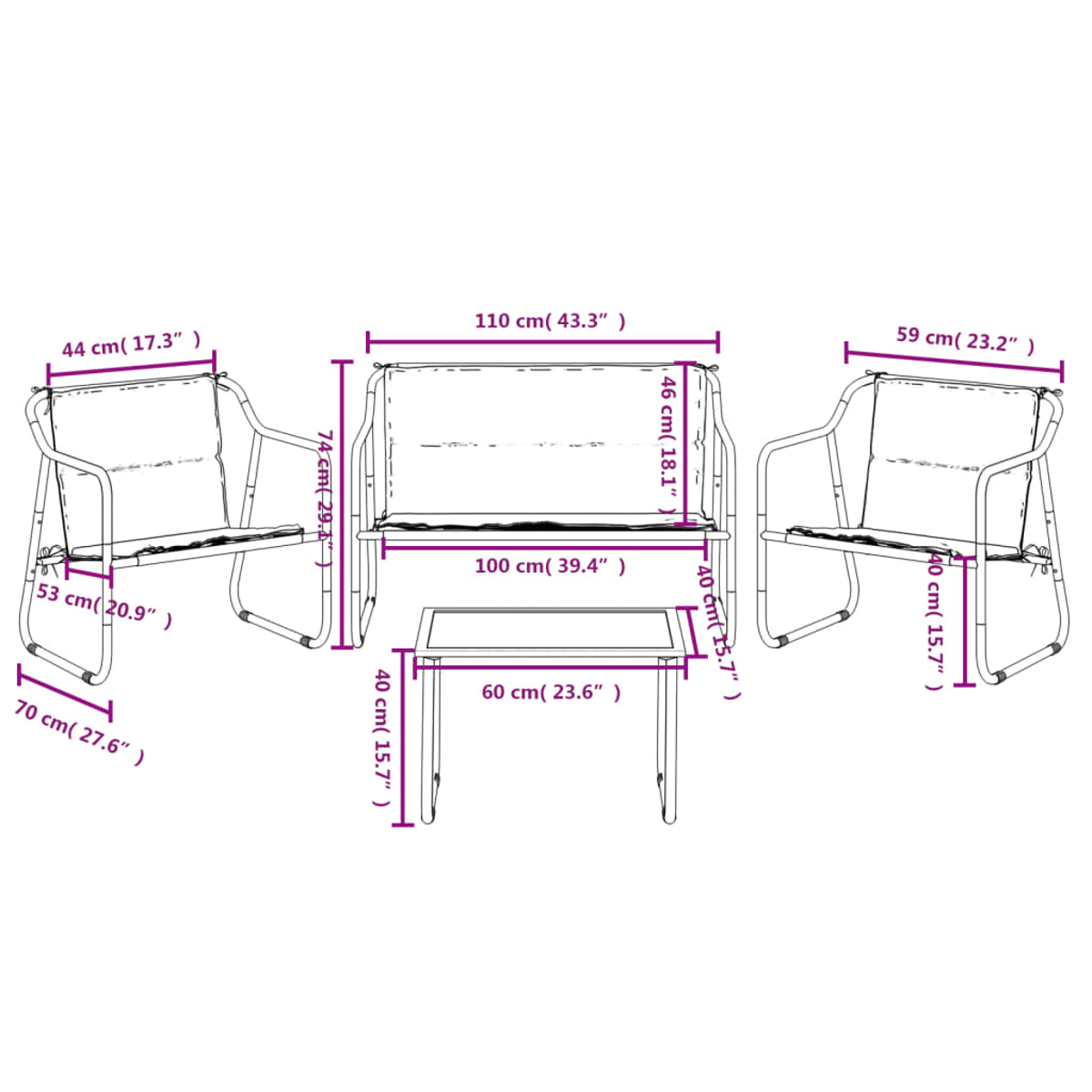 Diagramm von Gartenmöbeln: eine Zwei-Personen-Sofa, zwei Sessel und ein Tisch, mit Abmessungen in Zentimetern.
