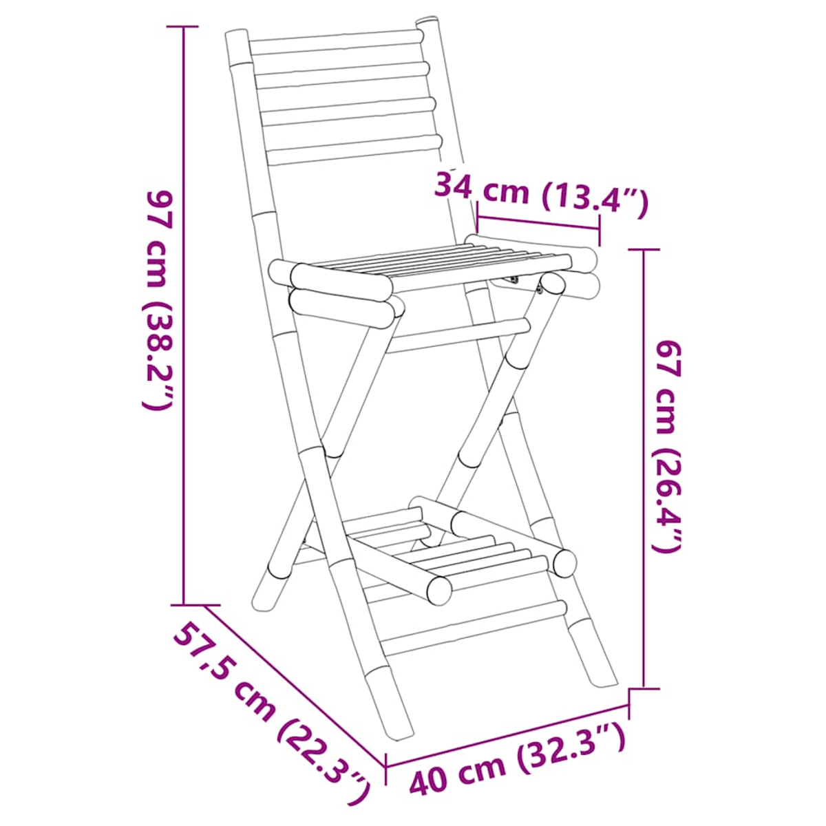 Diagramma di una sedia pieghevole in bambù con dimensioni. La sedia è alta 97 cm, larga 40 cm e profonda 57,5 cm. La seduta è larga 34 cm e dista 67 cm da terra.