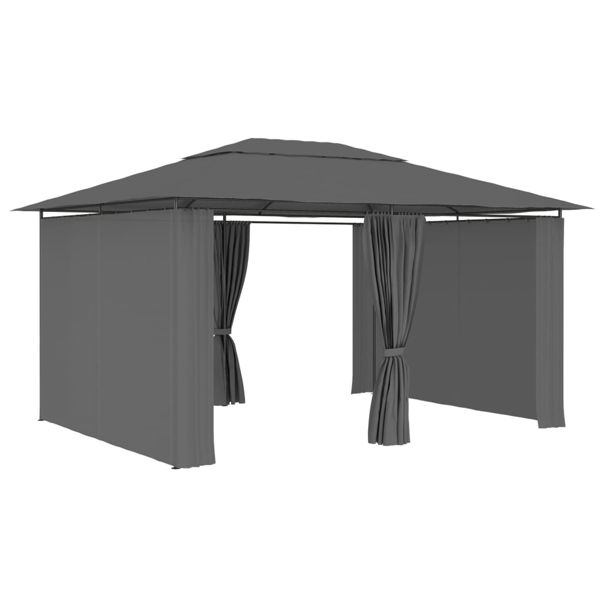 Ein grauer Pavillon mit Vorhängen. Der Pavillon hat ein rechteckiges Dach und vier Stützsäulen. Vorhänge sind zurückgebunden.