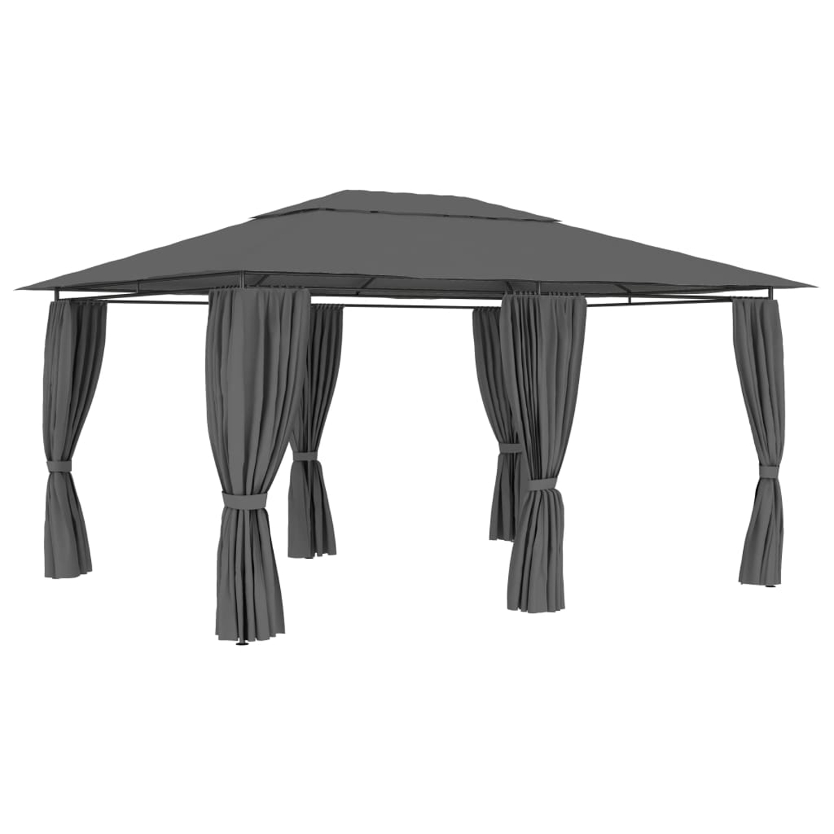 Ein grauer Pavillon mit einem mehrstufigen Dach und hängenden Vorhängen. Die Vorhänge sind zurückgebunden, und die Struktur befindet sich auf weißem Hintergrund.