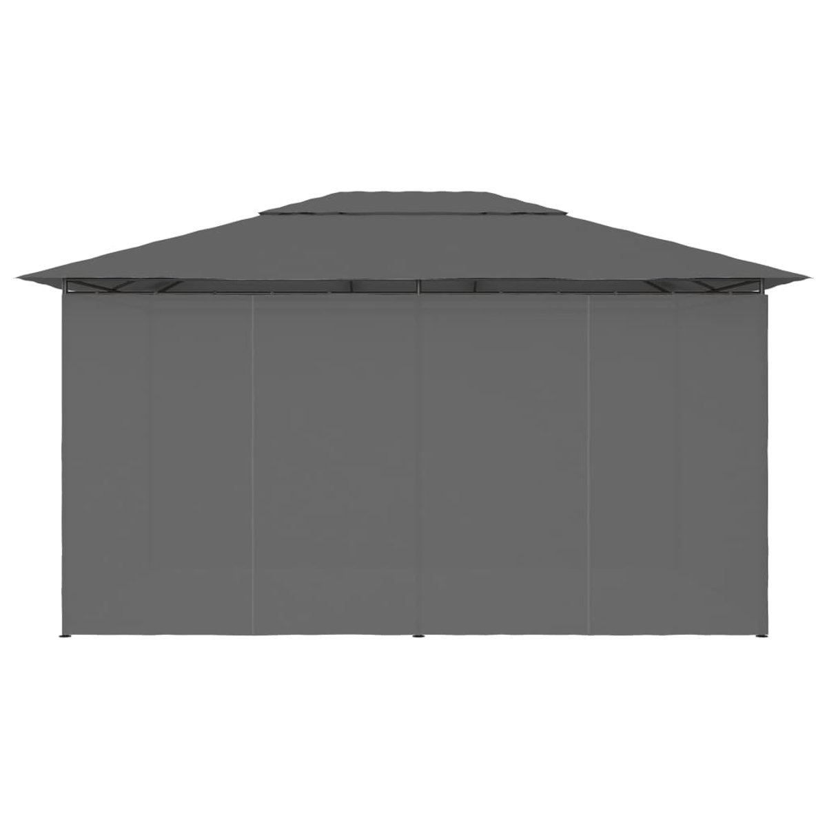 Ein grauer Pavillon mit pyramidenförmigem Dach und vier festen Wänden. Das Dach und die Wände sind einfarbig grau.