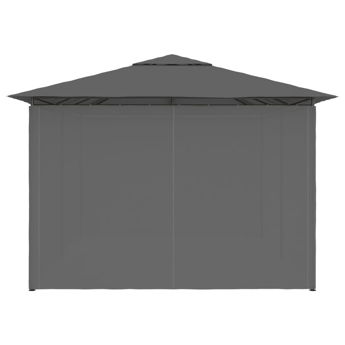 Ein grauer Pavillon mit pyramidenförmigem Dach und Vorhängen. Die Struktur befindet sich auf weißem Hintergrund. Das Design ist symmetrisch.