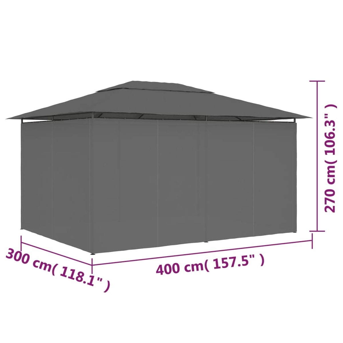 Grauer Pavillon mit Maßangaben. Er hat ein geschichtetes Dach und geschlossene Seiten. Maße: 400 cm, 300 cm und 270 cm.